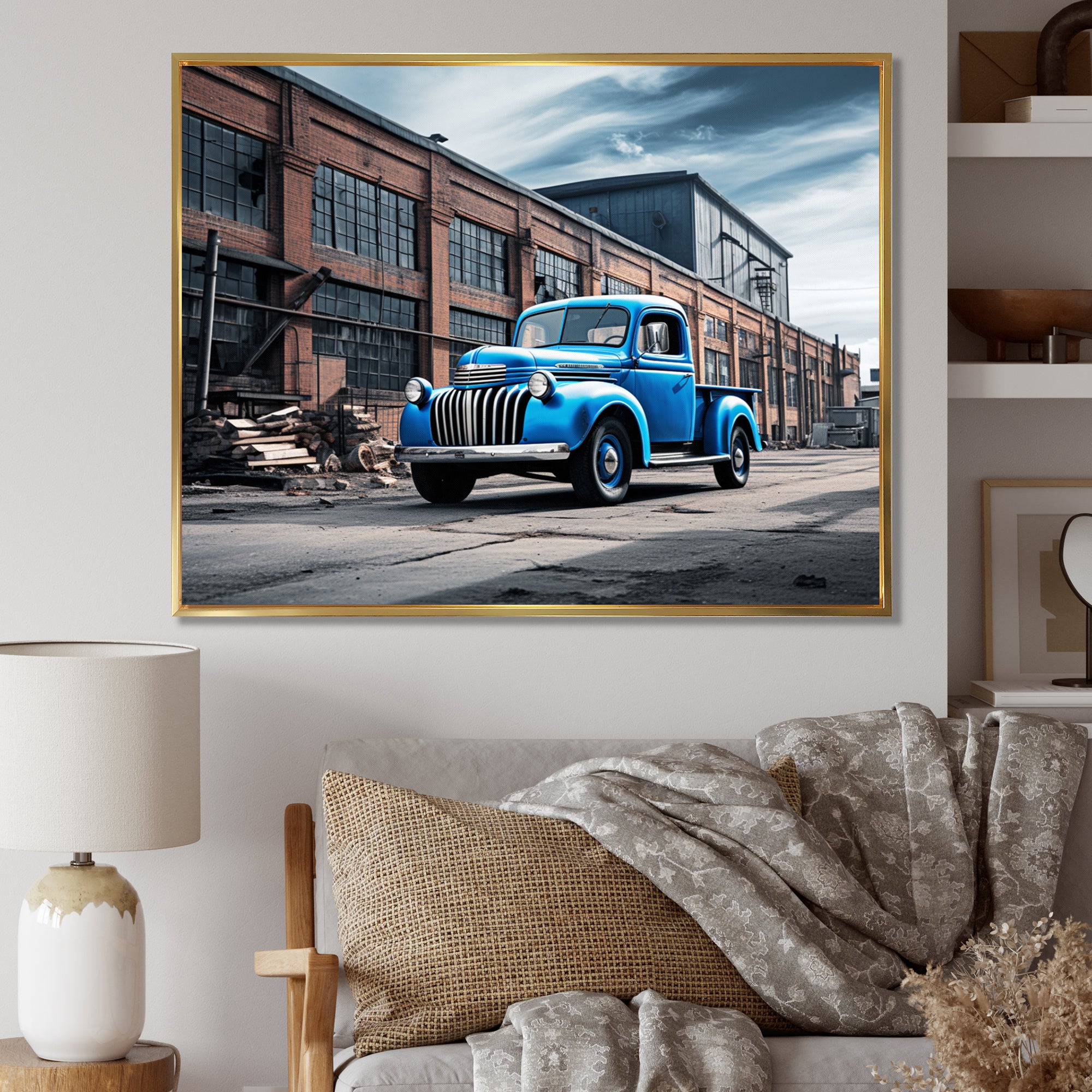 Blue Pickup Truck Industrial Drive I - Pickup Truck Canvas Wall Art
