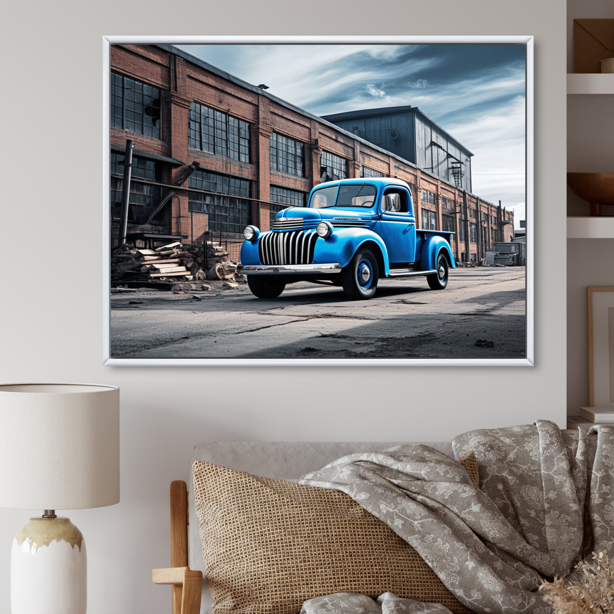 Blue Pickup Truck Industrial Drive I - Pickup Truck Canvas Wall Art