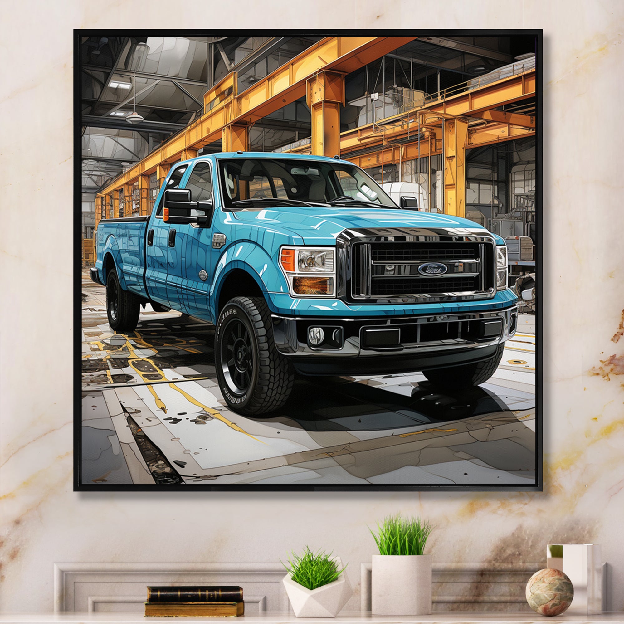 Teal Pickup Truck Industrial Drive - Pickup Truck Canvas Wall Art