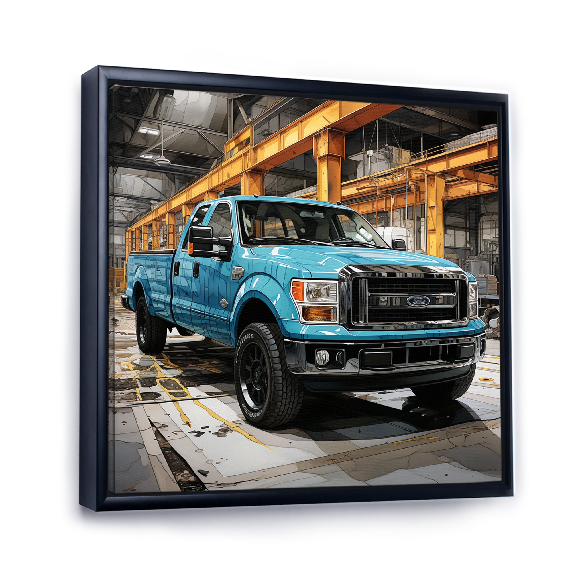 Teal Pickup Truck Industrial Drive - Pickup Truck Canvas Wall Art