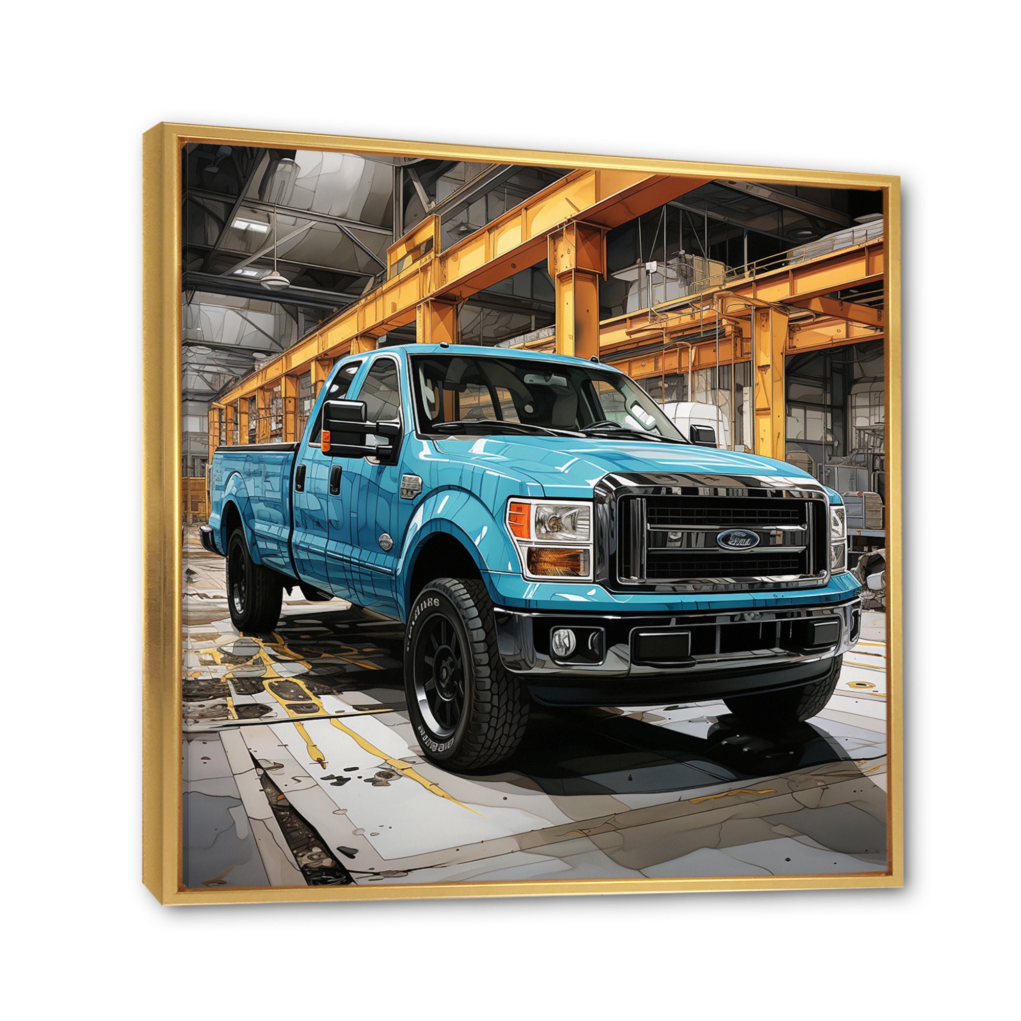 Teal Pickup Truck Industrial Drive - Pickup Truck Canvas Wall Art