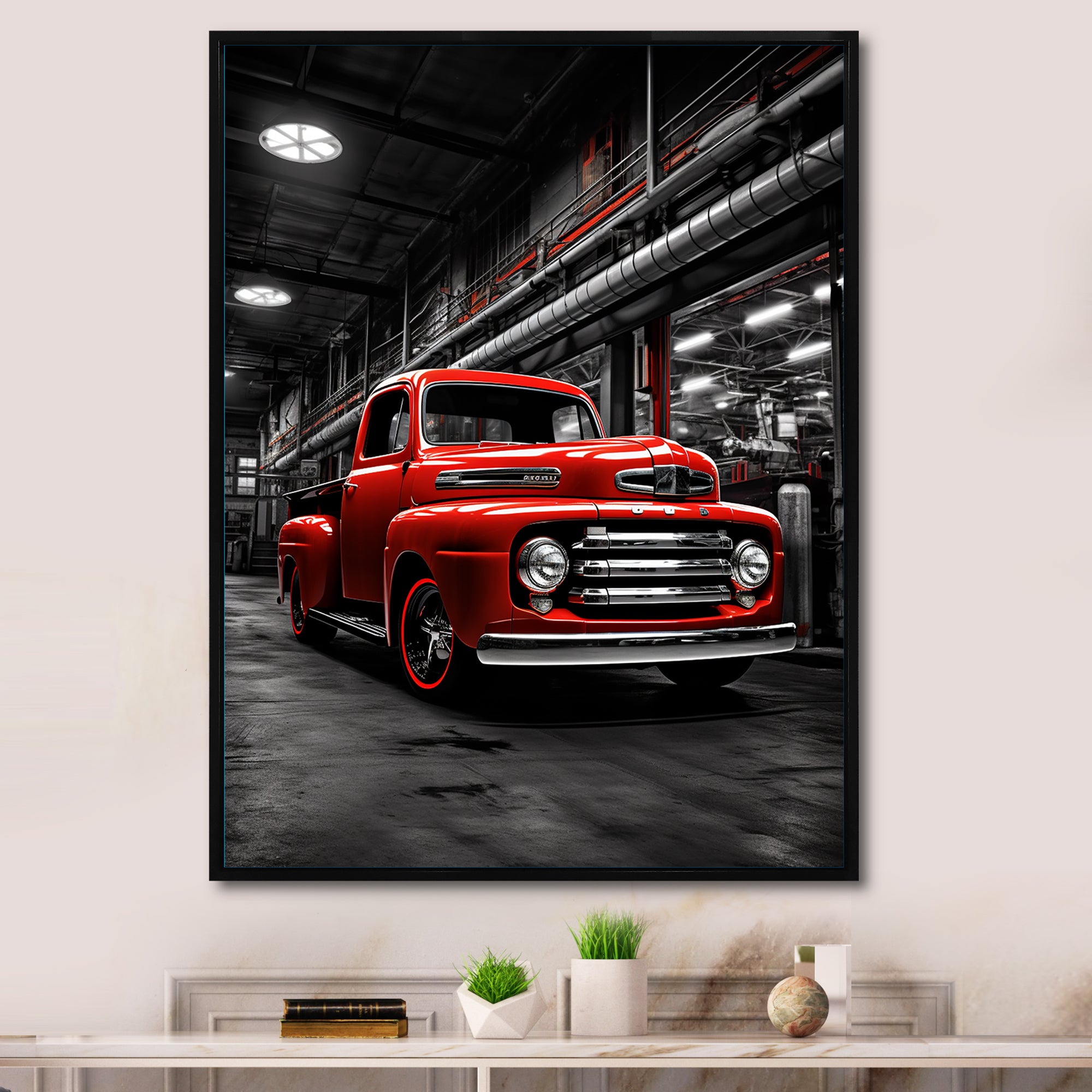 Red Pickup Truck Industrial Elegance - Pickup Truck Canvas Wall Art