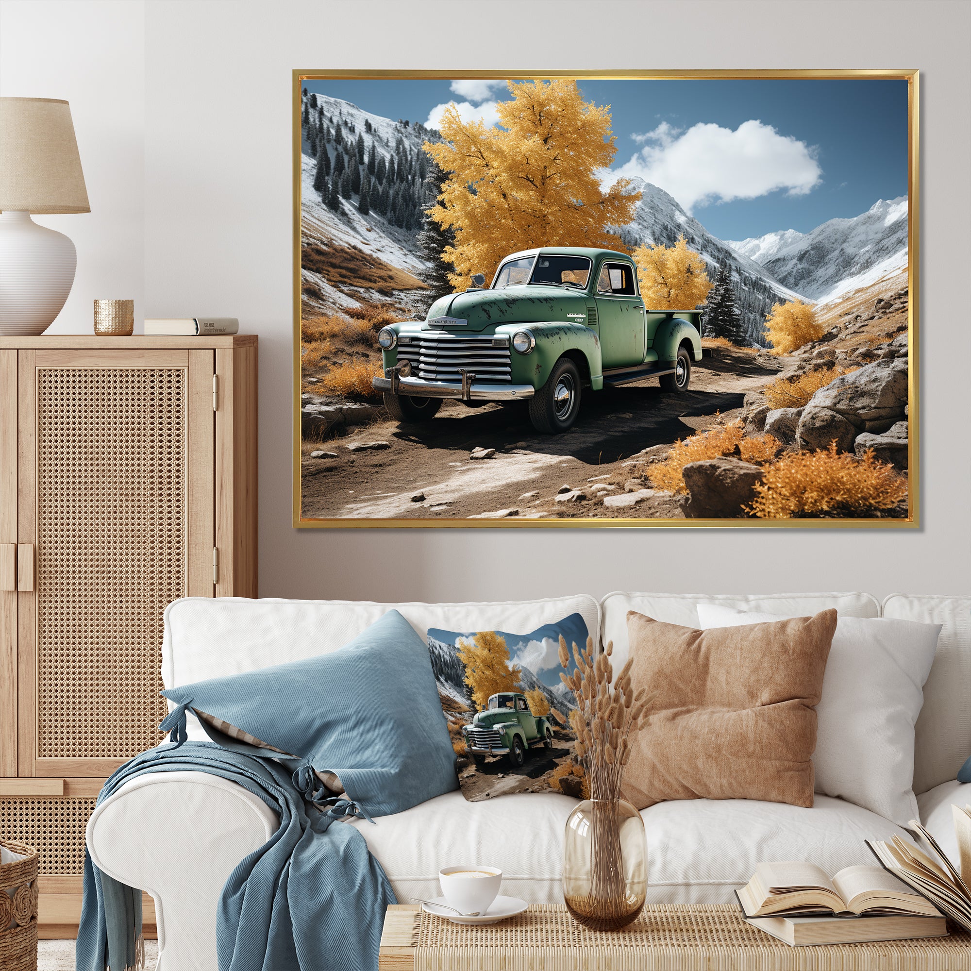 Green Pickup Truck Landscape Adventurers - Pickup Truck Canvas Wall Art