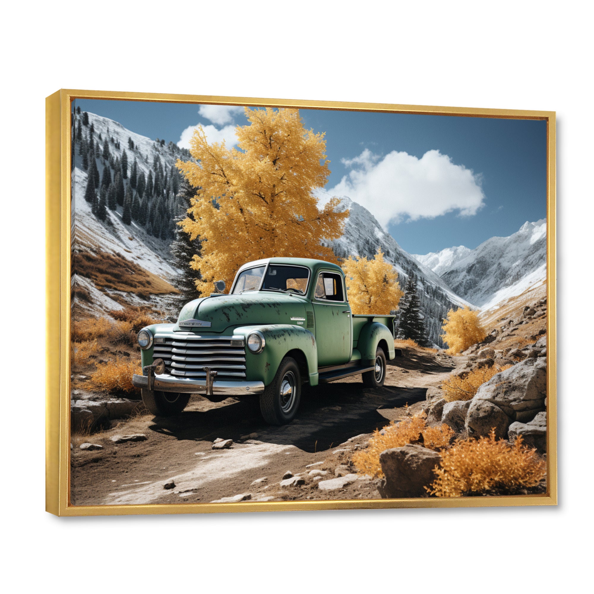 Green Pickup Truck Landscape Adventurers - Pickup Truck Canvas Wall Art