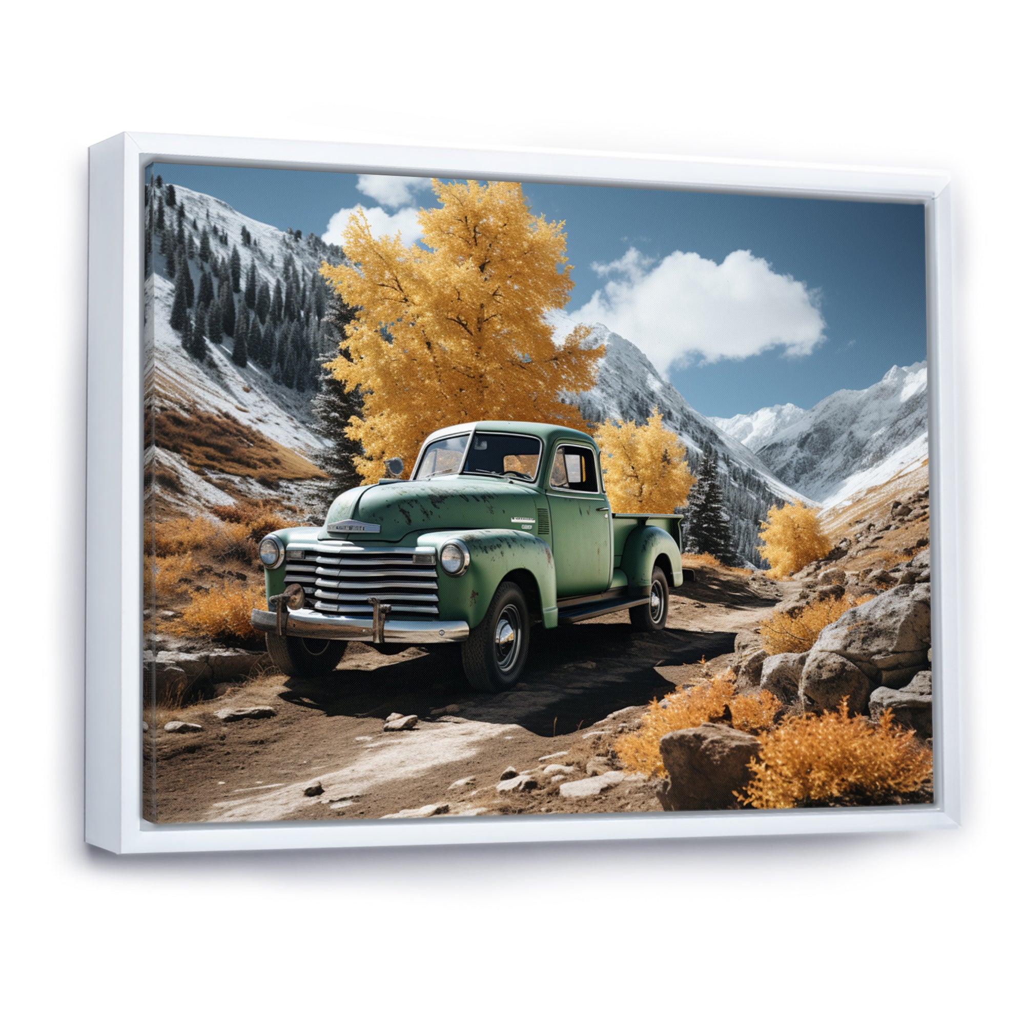 Green Pickup Truck Landscape Adventurers - Pickup Truck Canvas Wall Art