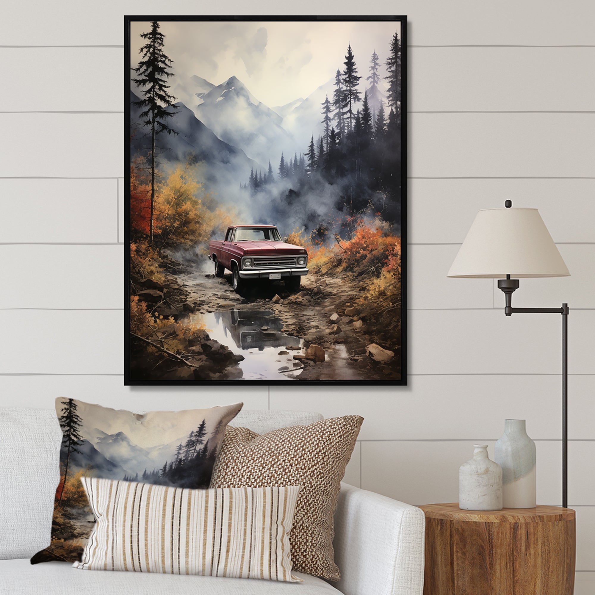 Brown Pickup Truck Misty Mountains - Pickup Truck Canvas Wall Art