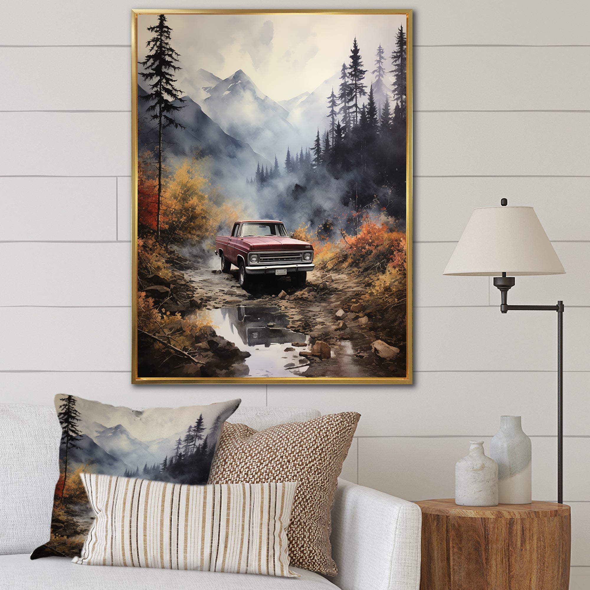Brown Pickup Truck Misty Mountains - Pickup Truck Canvas Wall Art
