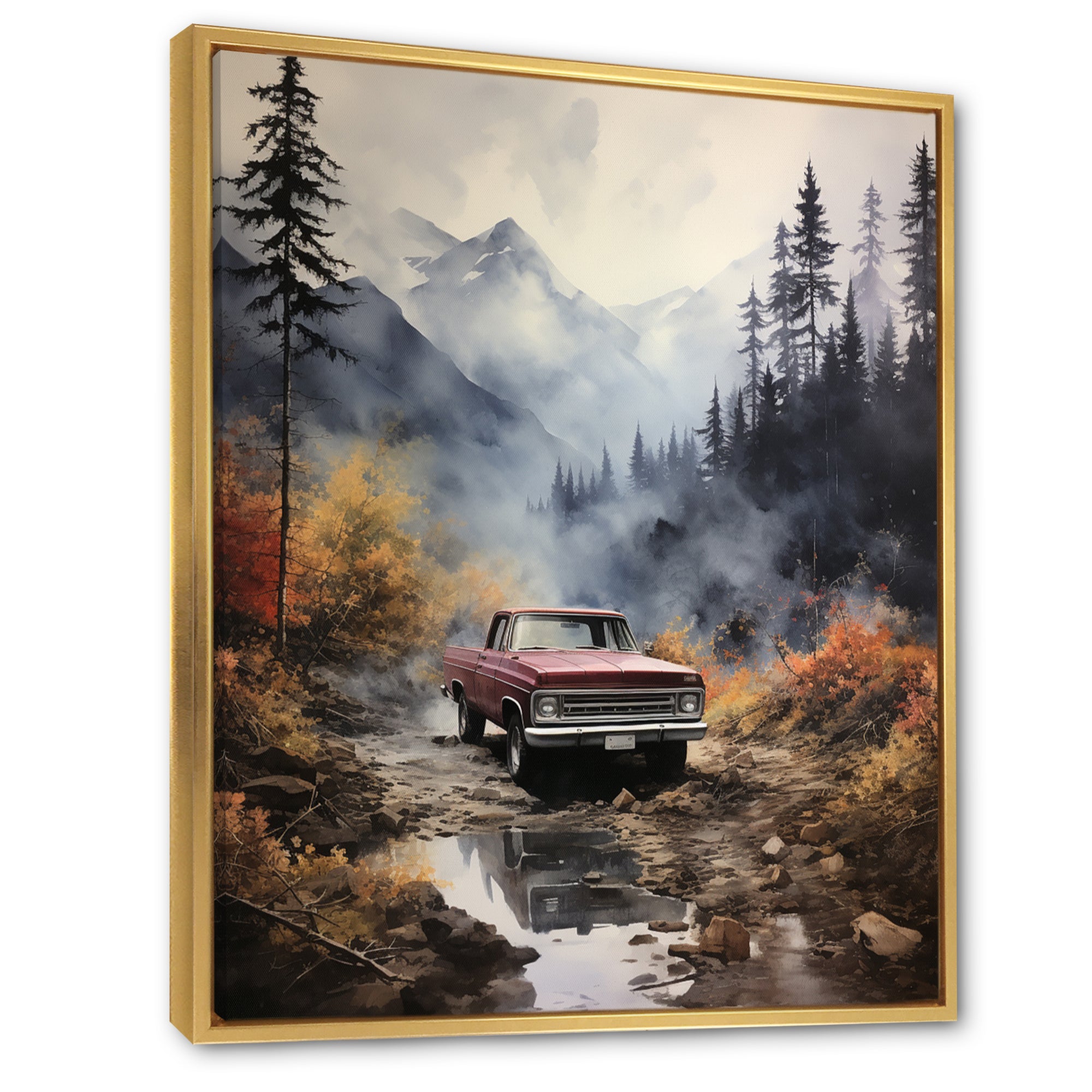 Brown Pickup Truck Misty Mountains - Pickup Truck Canvas Wall Art