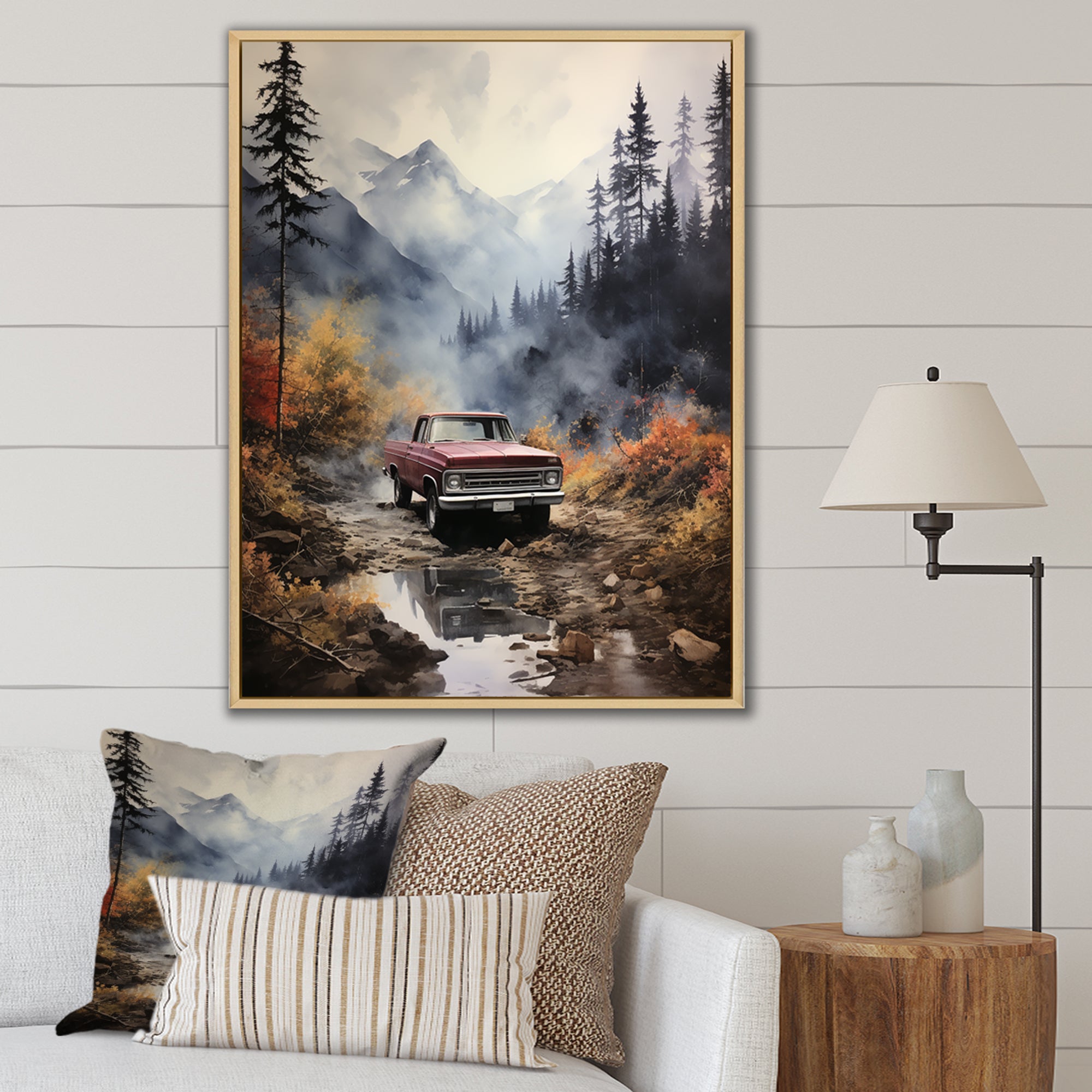 Brown Pickup Truck Misty Mountains - Pickup Truck Canvas Wall Art