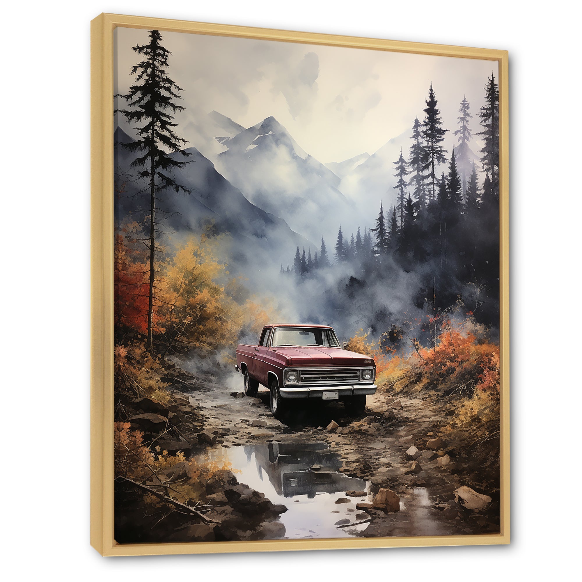 Brown Pickup Truck Misty Mountains - Pickup Truck Canvas Wall Art