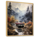 Brown Pickup Truck Misty Mountains - Pickup Truck Canvas Wall Art