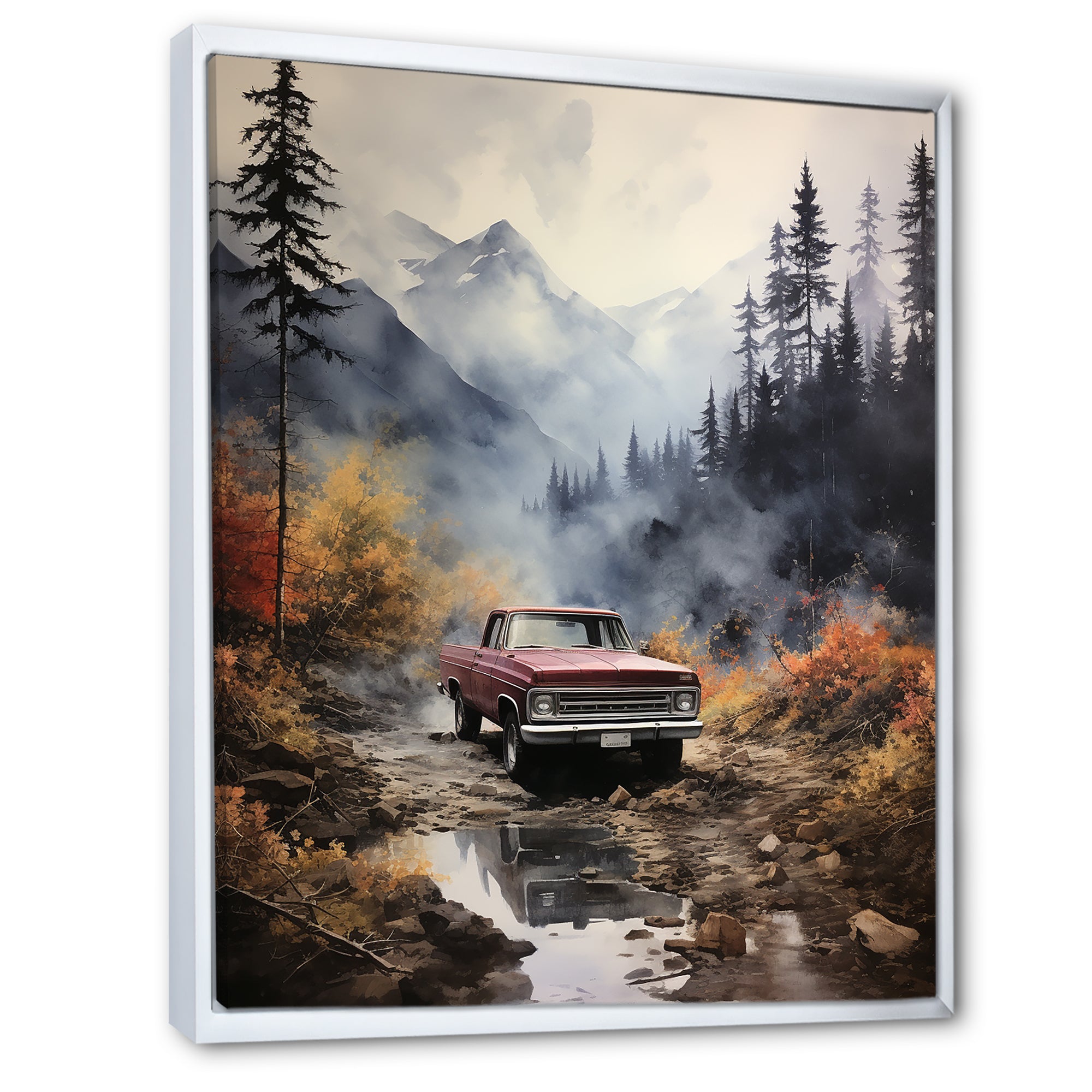 Brown Pickup Truck Misty Mountains - Pickup Truck Canvas Wall Art