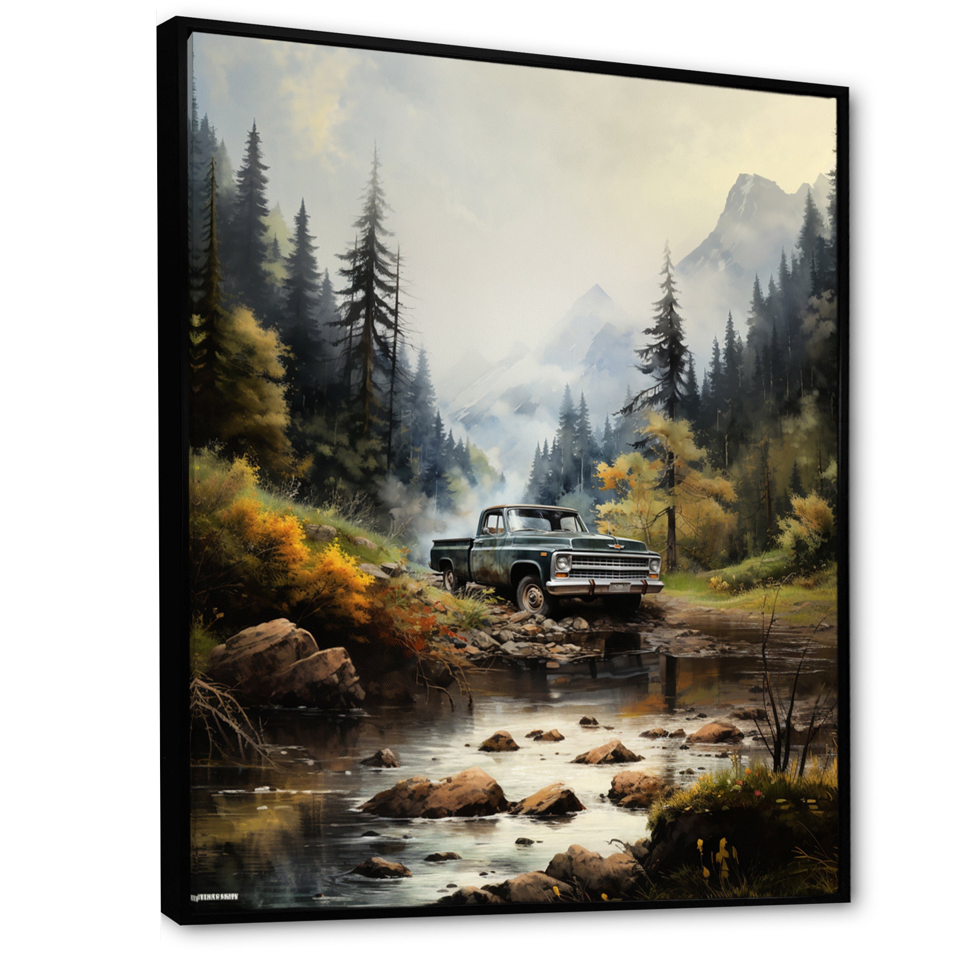 Green Pickup Truck Misty Mountains I - Pickup Truck Canvas Wall Art