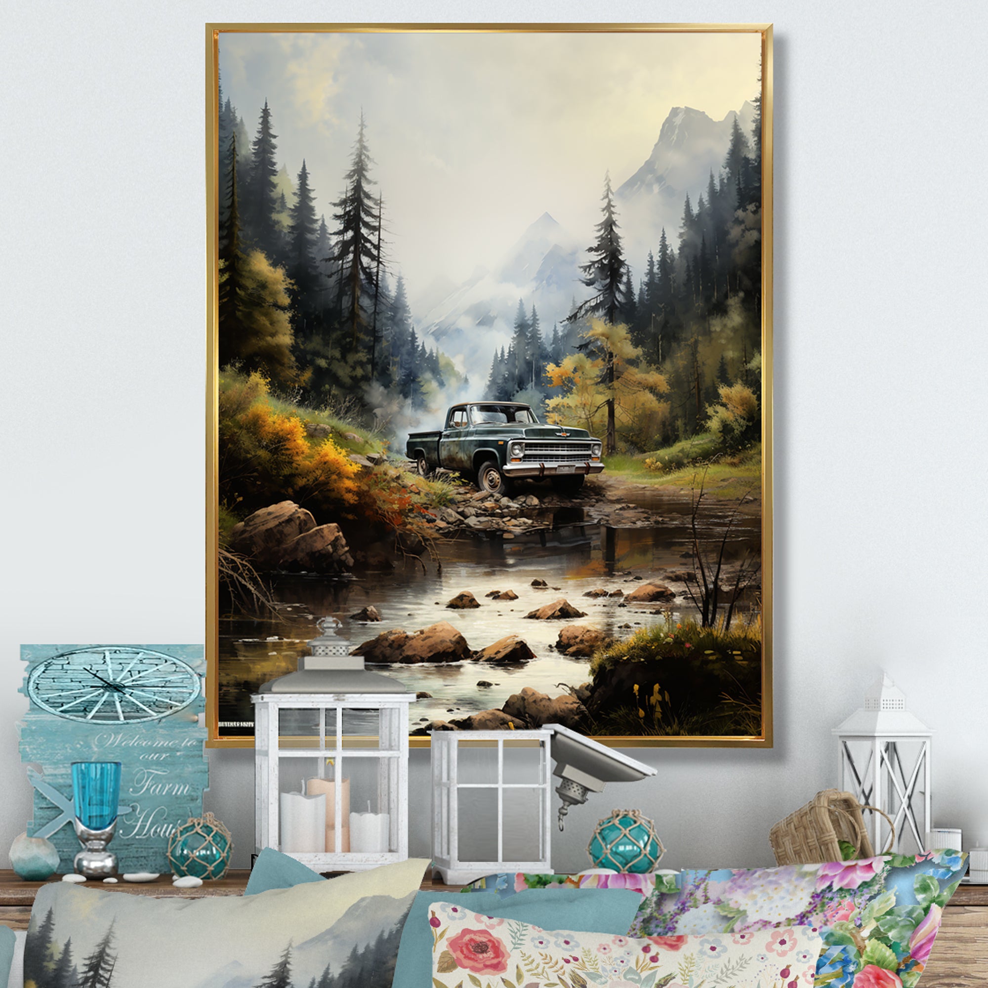 Green Pickup Truck Misty Mountains I - Pickup Truck Canvas Wall Art