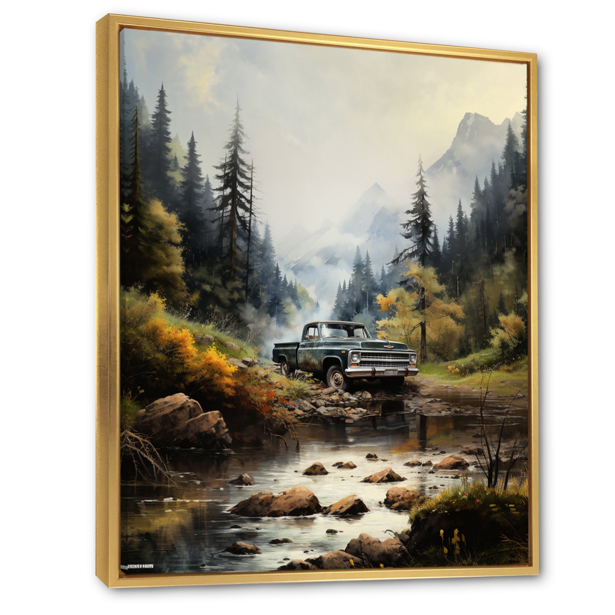 Green Pickup Truck Misty Mountains I - Pickup Truck Canvas Wall Art