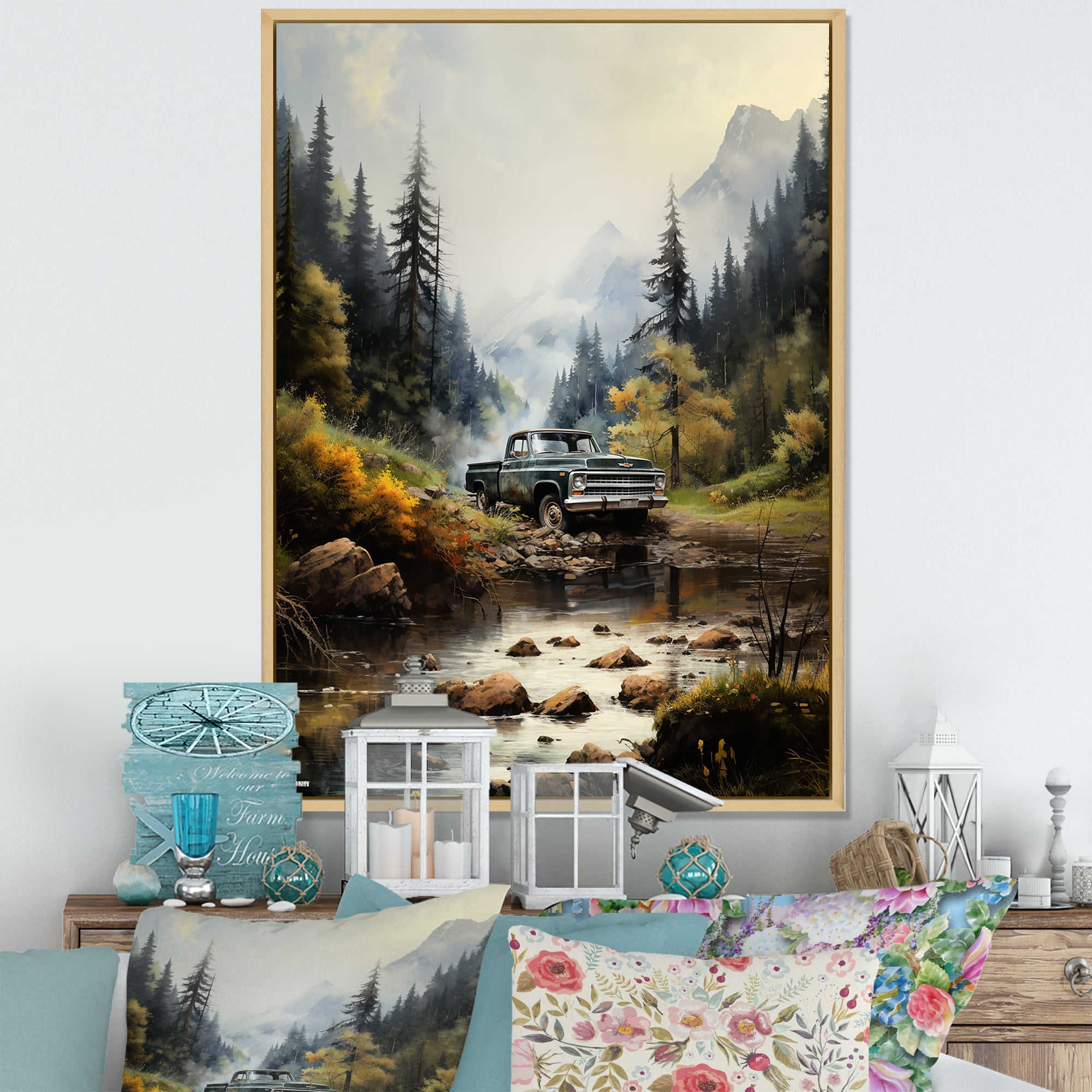Green Pickup Truck Misty Mountains I - Pickup Truck Canvas Wall Art