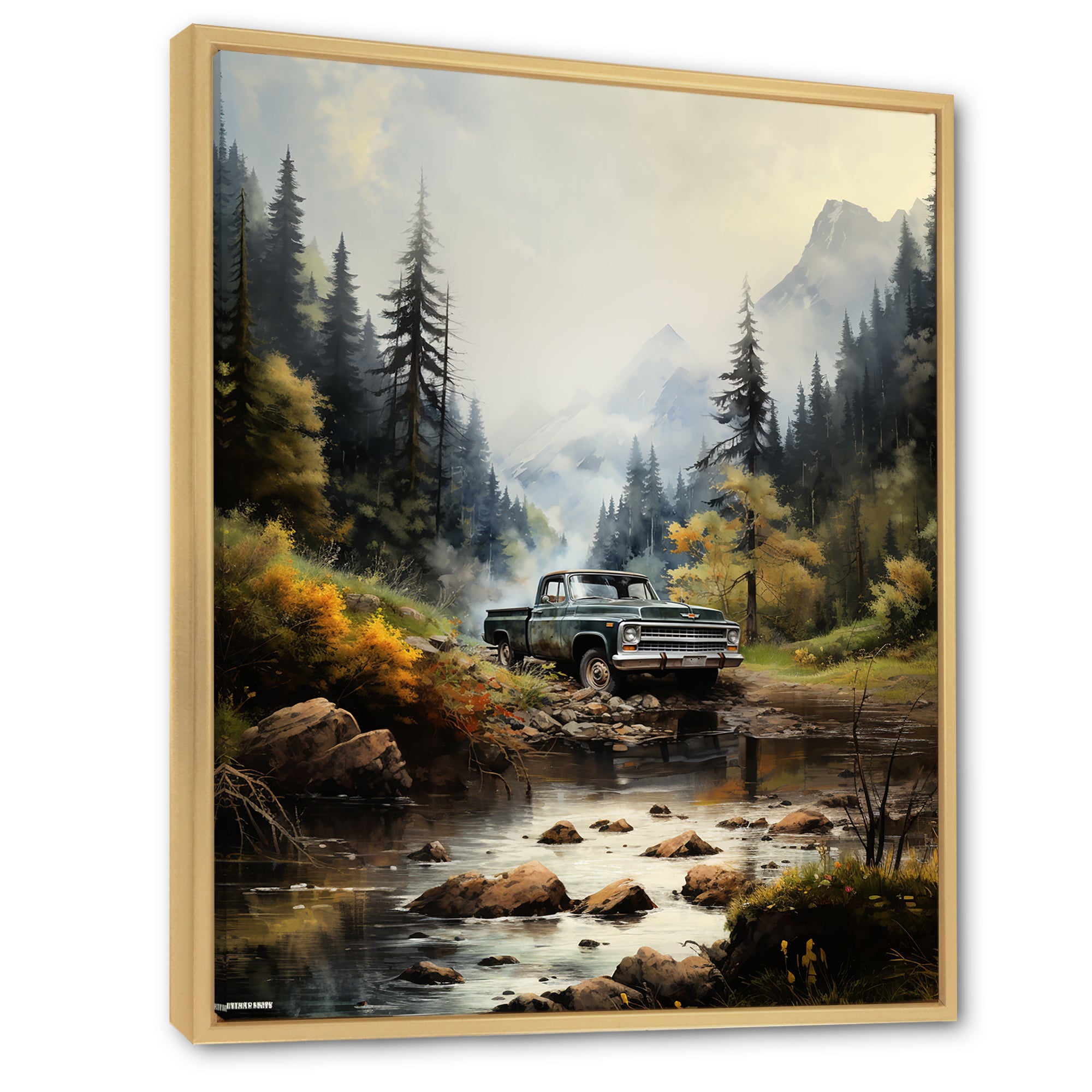 Green Pickup Truck Misty Mountains I - Pickup Truck Canvas Wall Art