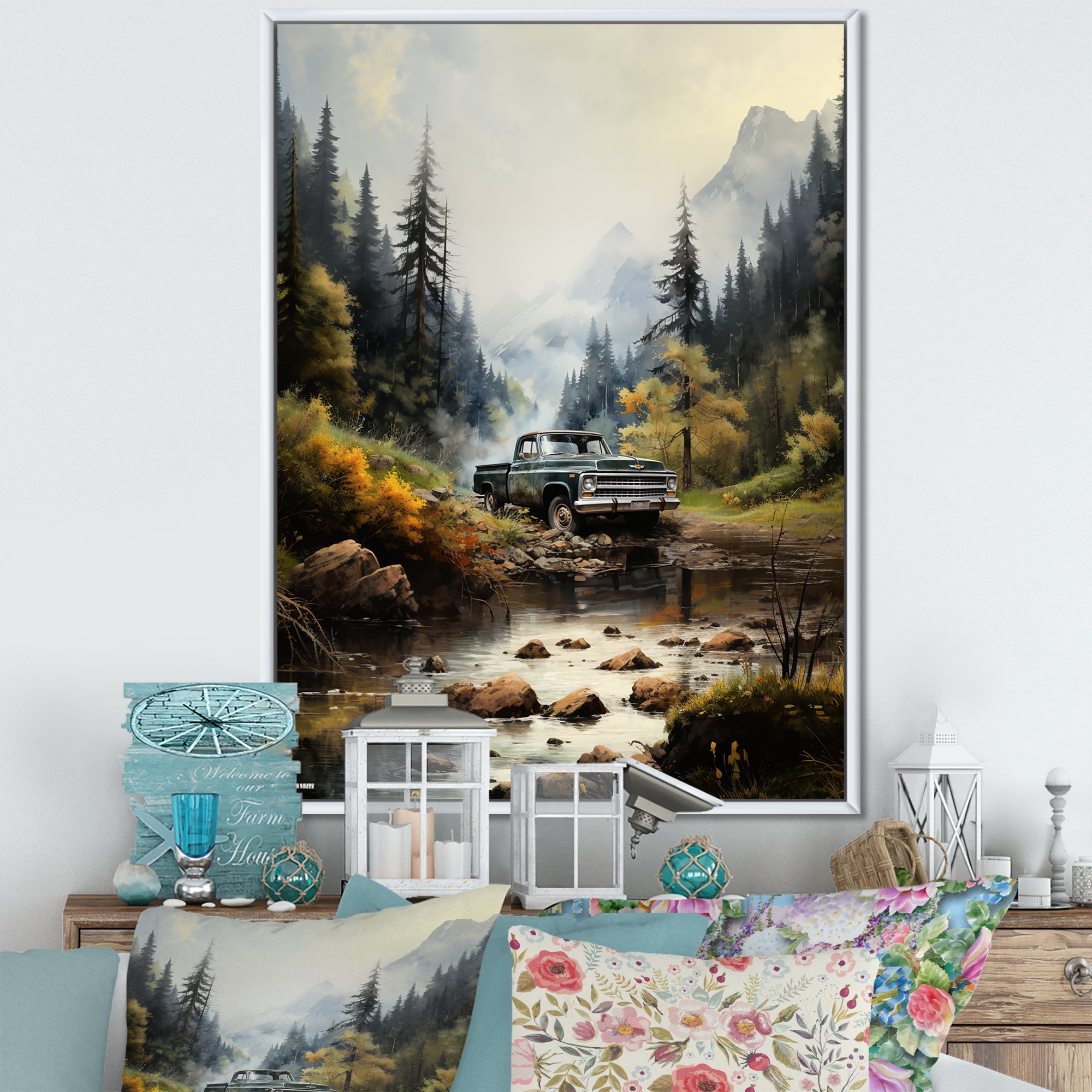 Green Pickup Truck Misty Mountains I - Pickup Truck Canvas Wall Art