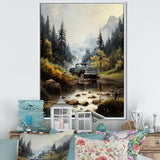 Green Pickup Truck Misty Mountains I - Pickup Truck Canvas Wall Art