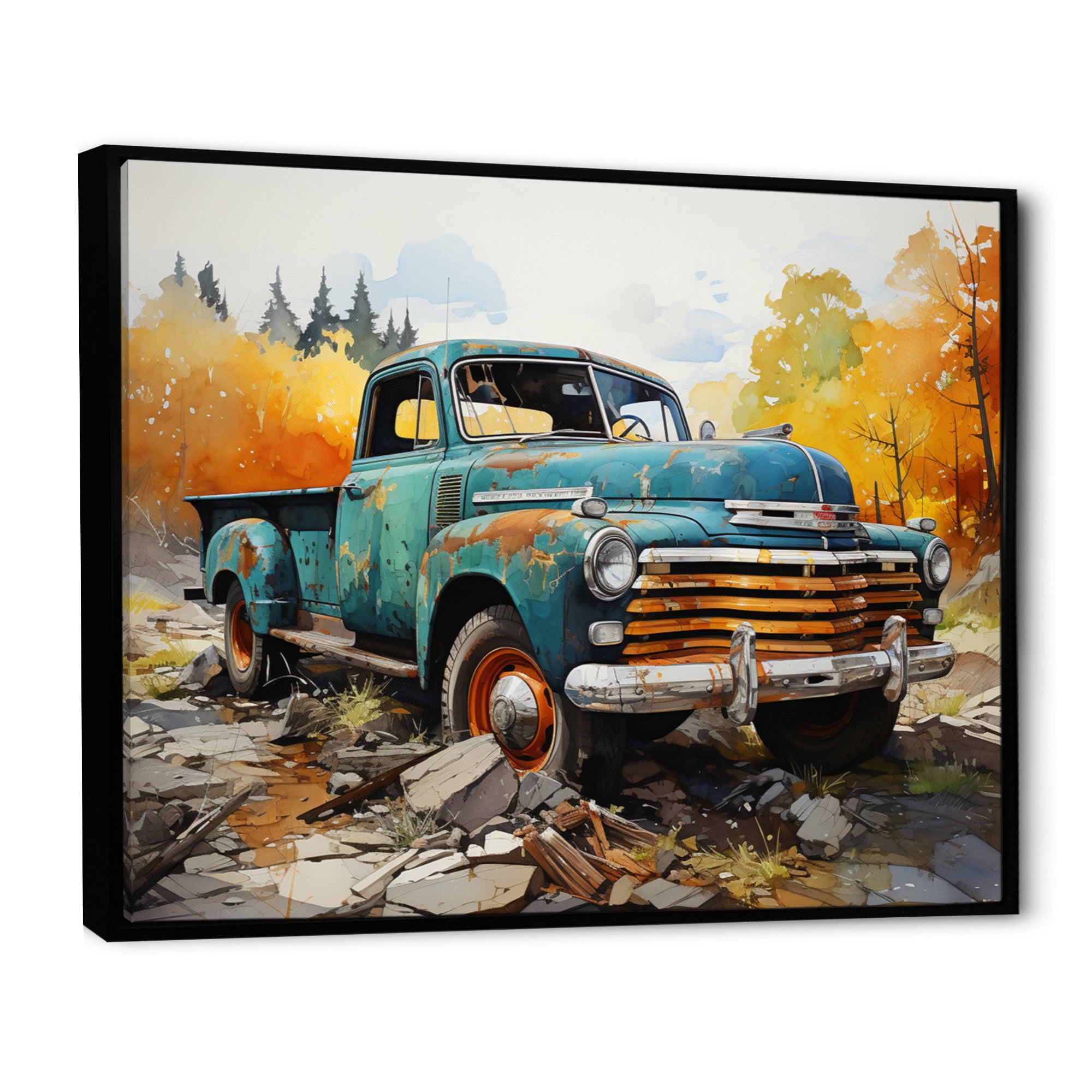 Teal Vintage Pickup Automn Offroad I - Pickup Truck Canvas Wall Art