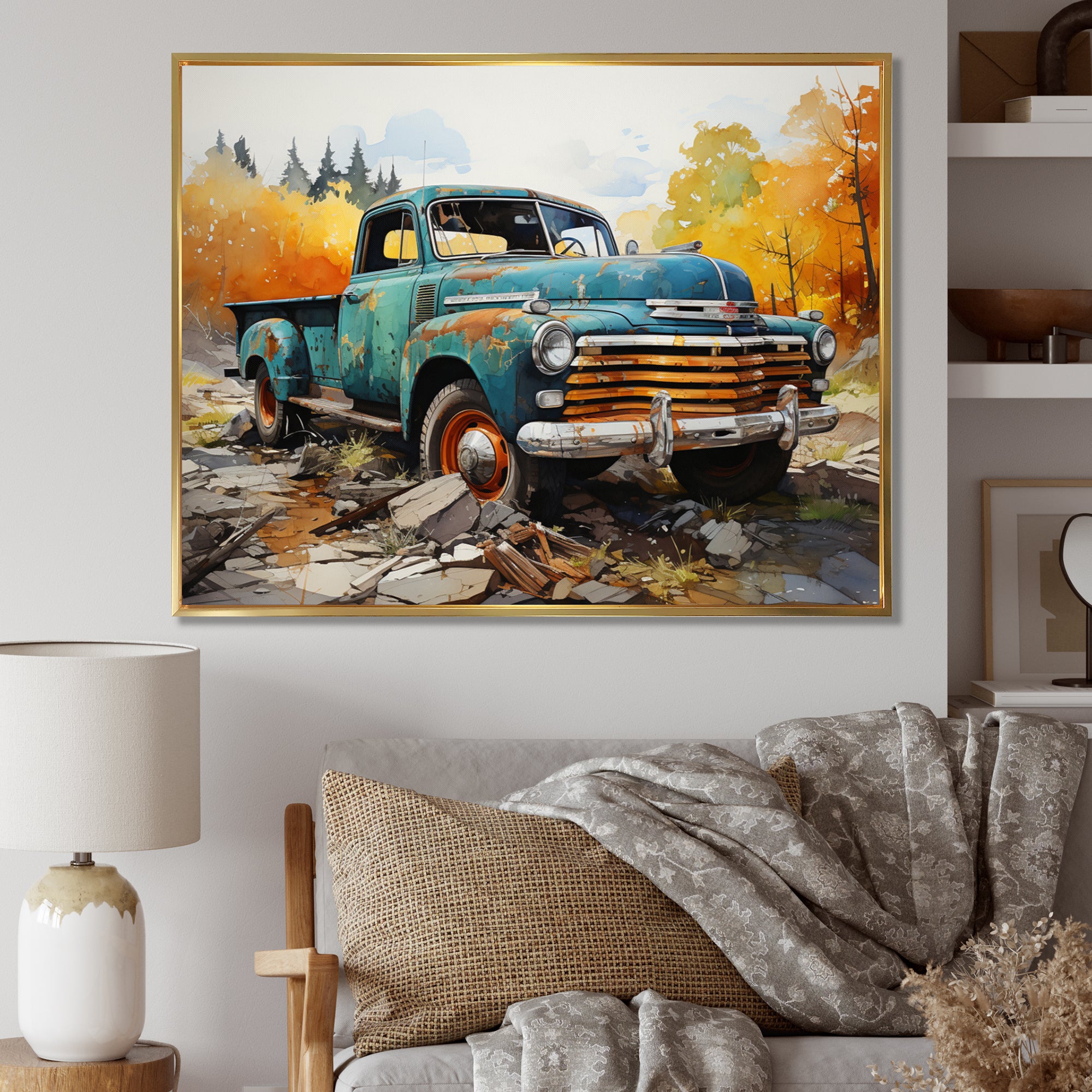 Teal Vintage Pickup Automn Offroad I - Pickup Truck Canvas Wall Art