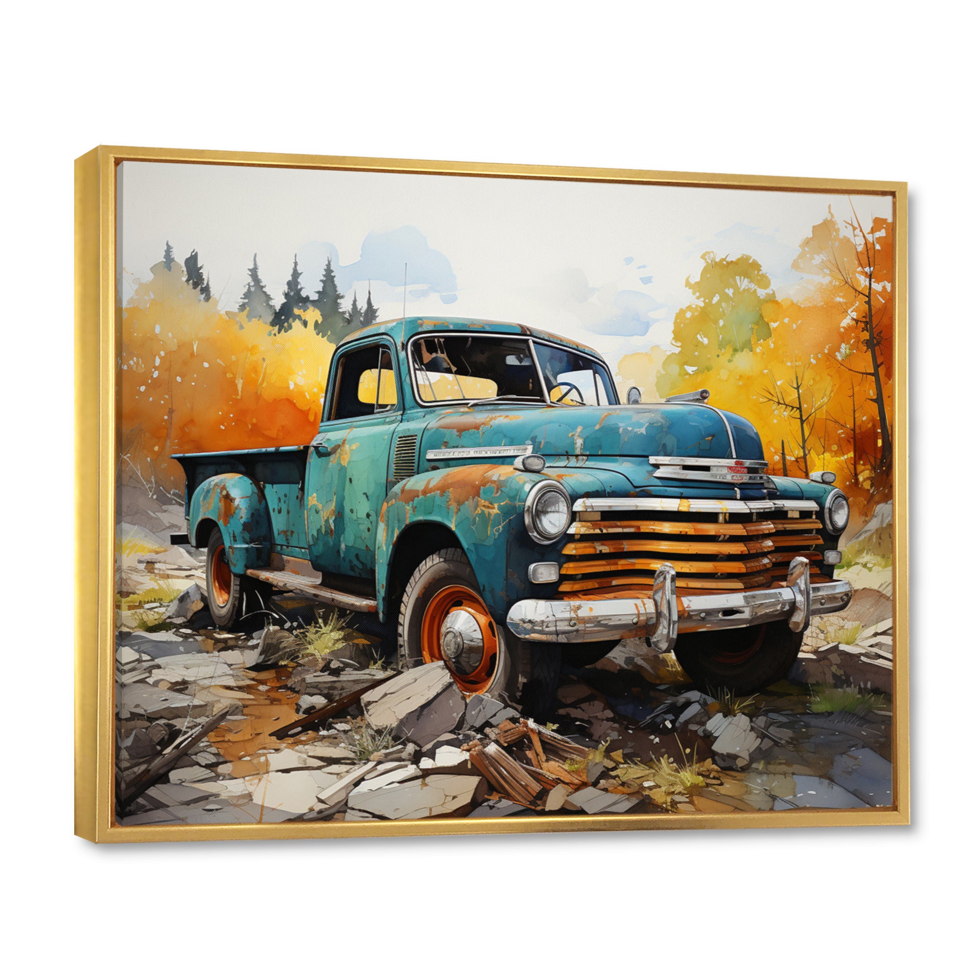Teal Vintage Pickup Automn Offroad I - Pickup Truck Canvas Wall Art
