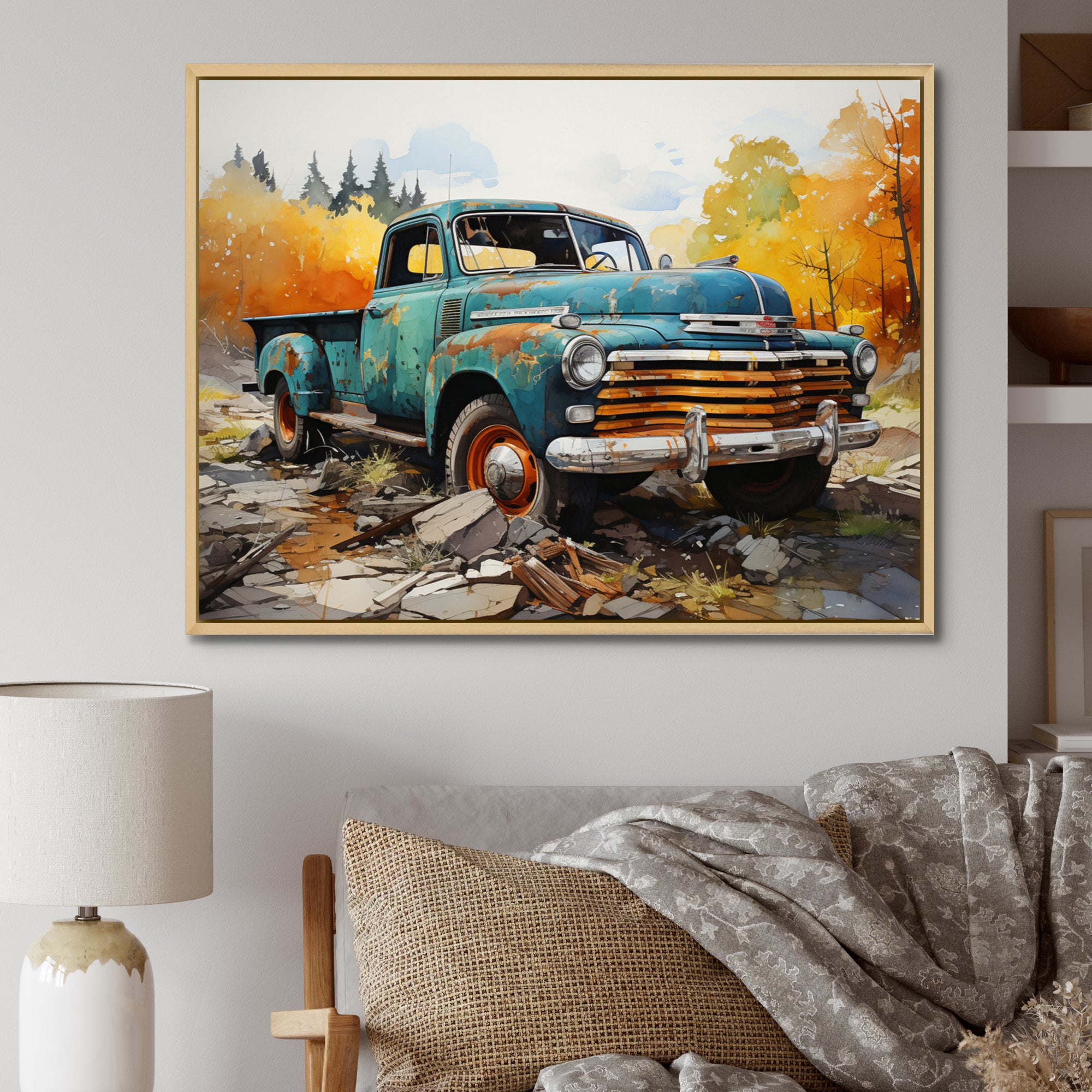 Teal Vintage Pickup Automn Offroad I - Pickup Truck Canvas Wall Art