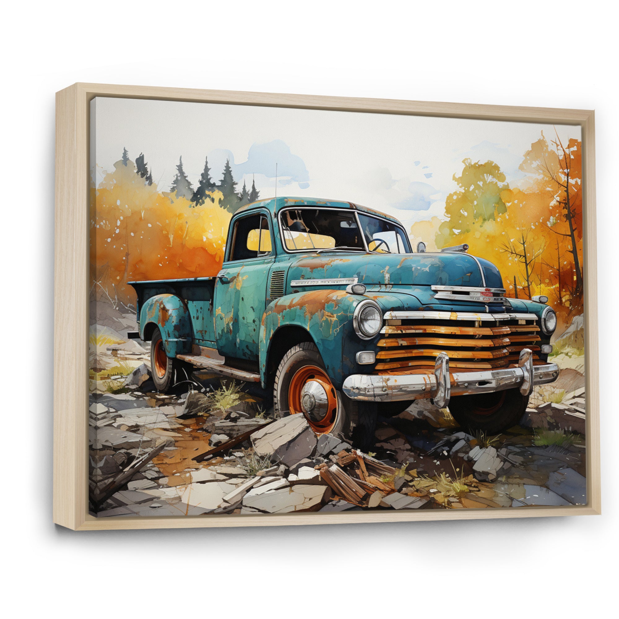 Teal Vintage Pickup Automn Offroad I - Pickup Truck Canvas Wall Art