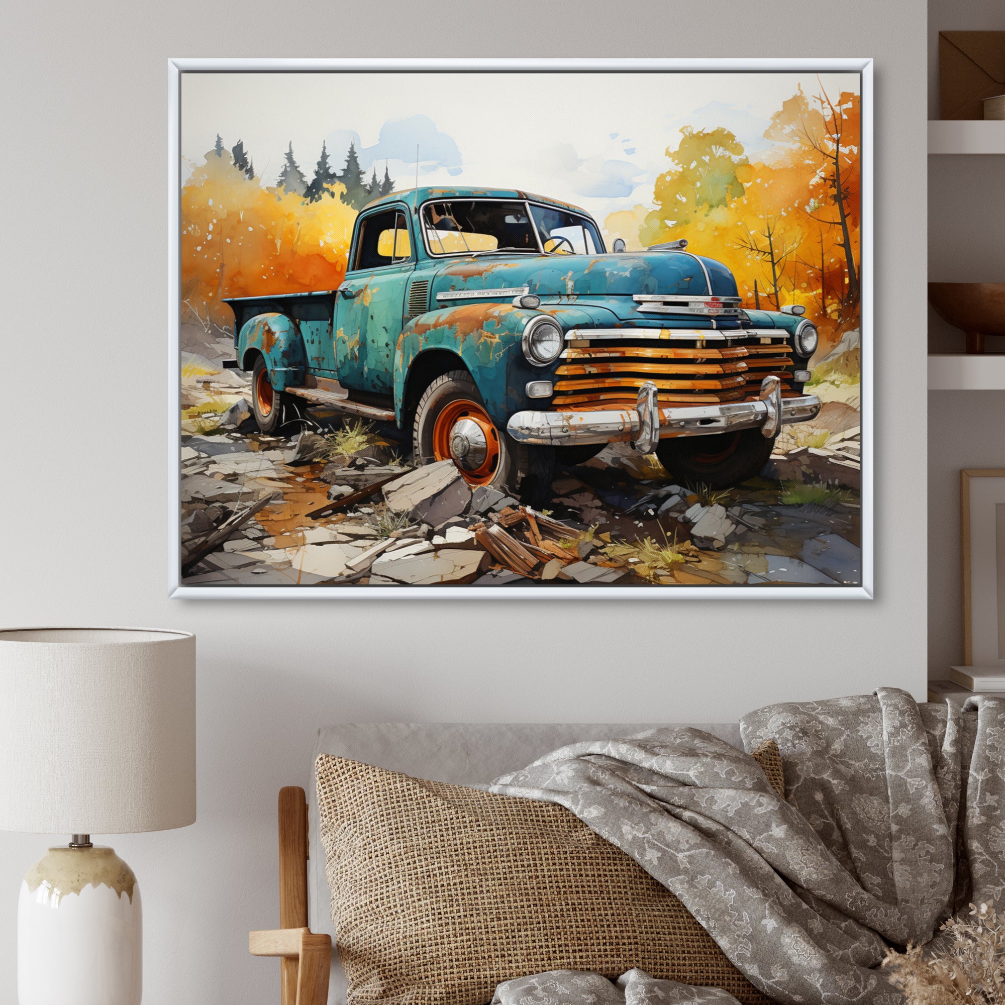 Teal Vintage Pickup Automn Offroad I - Pickup Truck Canvas Wall Art