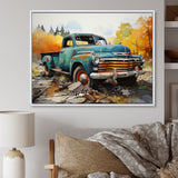 Teal Vintage Pickup Automn Offroad I - Pickup Truck Canvas Wall Art