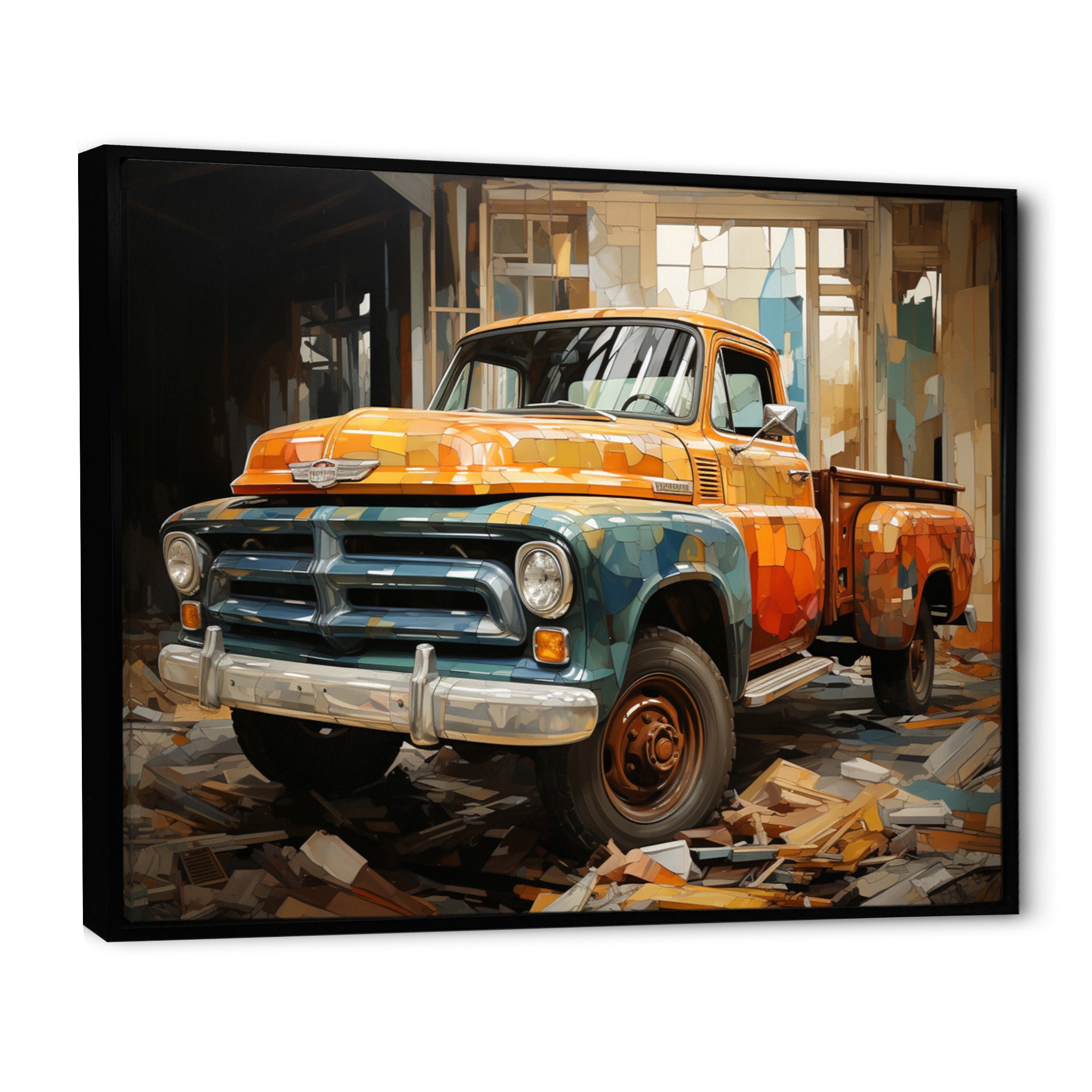 Orange Pickup Truck Mixed Perspective - Pickup Truck Canvas Wall Art