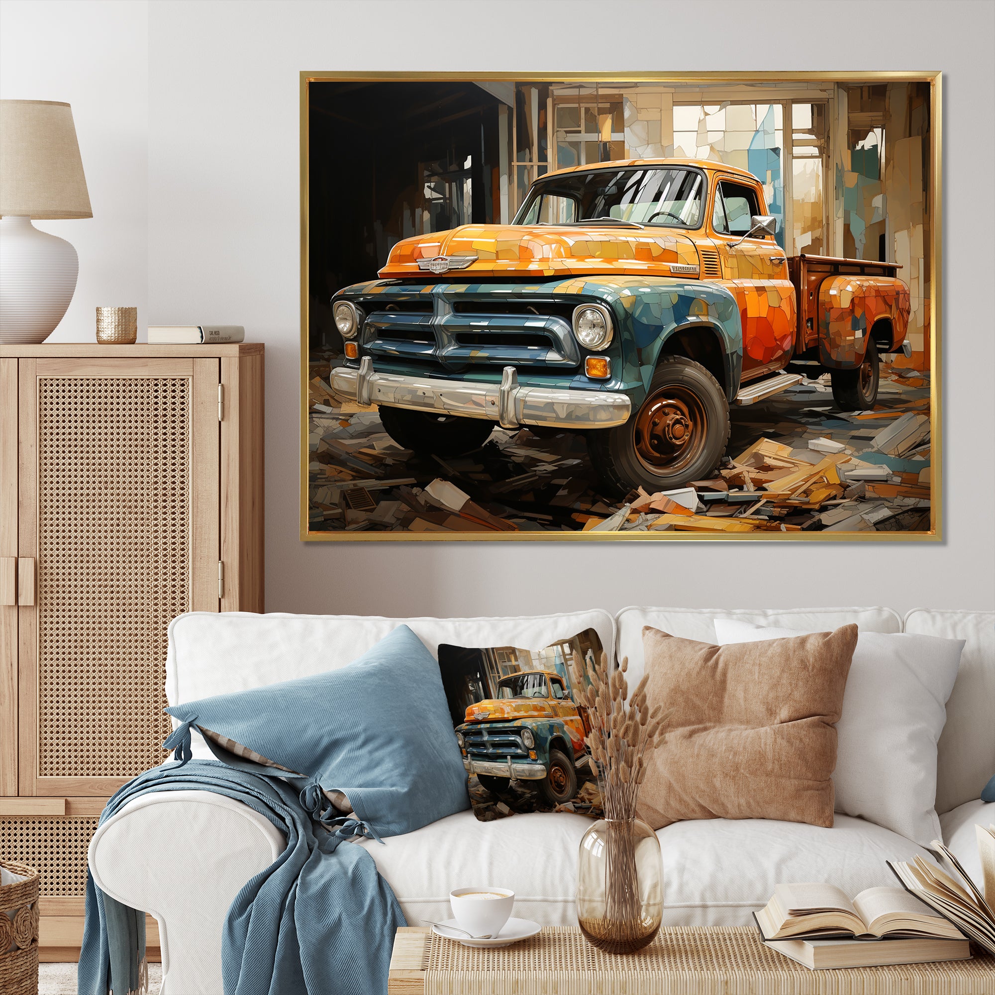 Orange Pickup Truck Mixed Perspective - Pickup Truck Canvas Wall Art