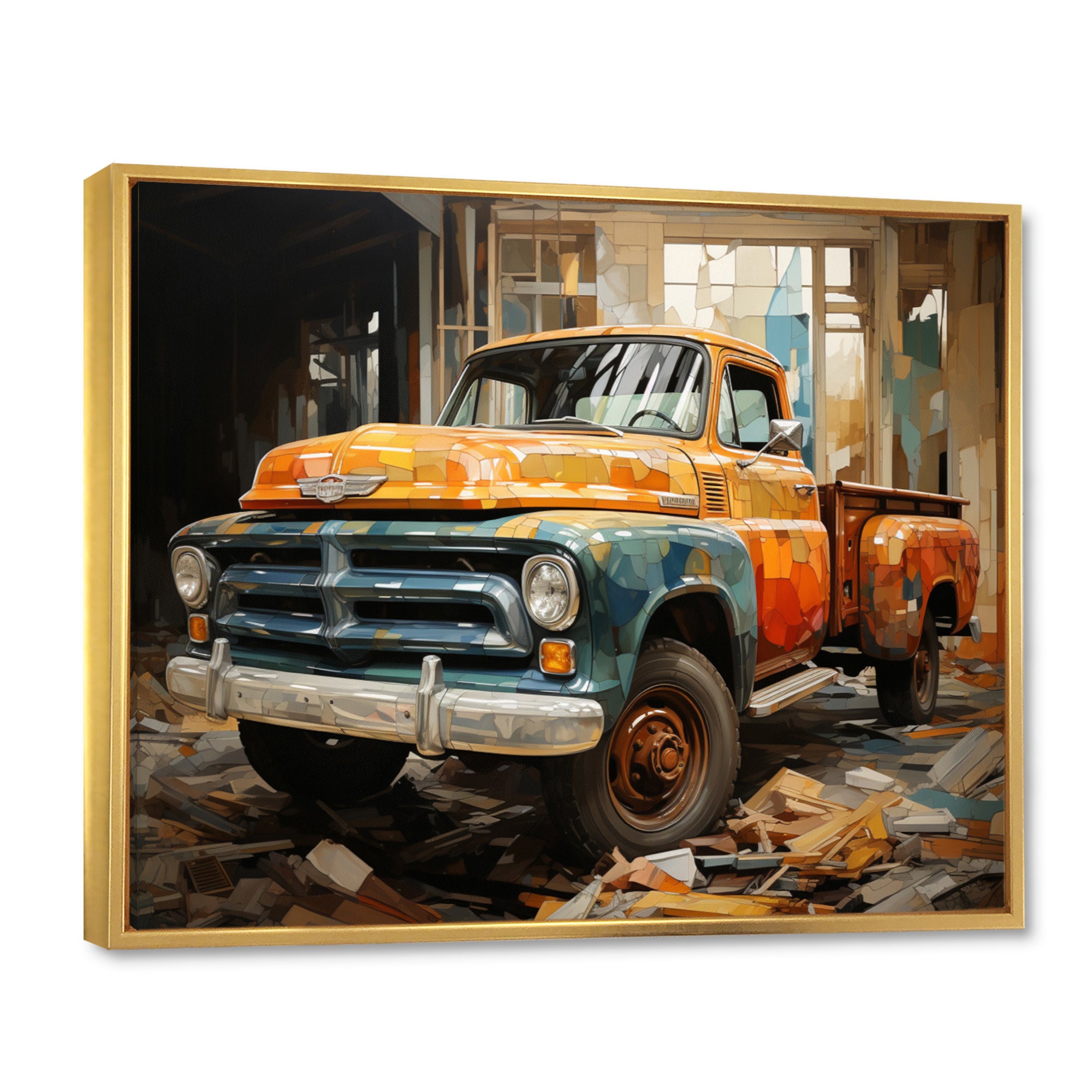 Orange Pickup Truck Mixed Perspective - Pickup Truck Canvas Wall Art