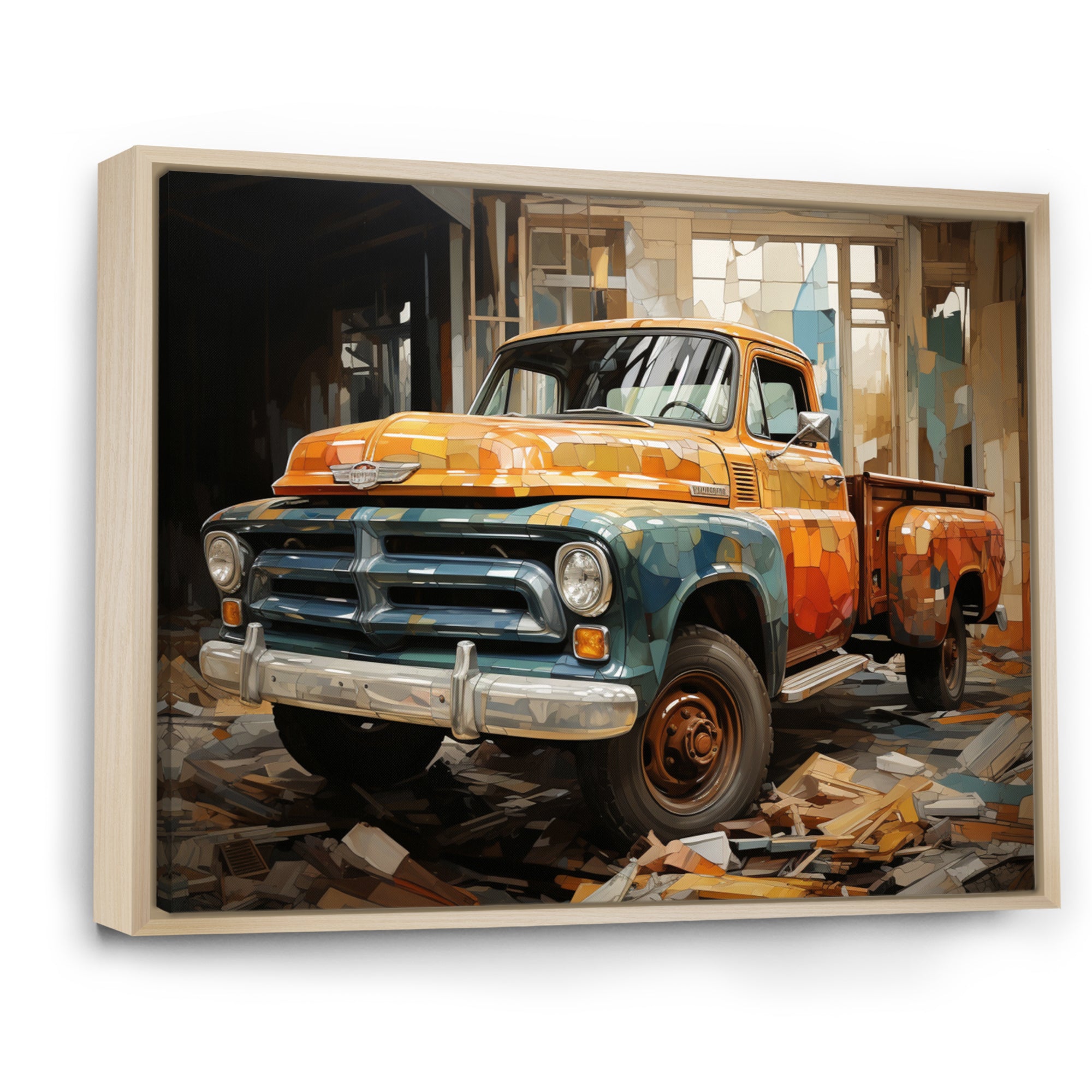 Orange Pickup Truck Mixed Perspective - Pickup Truck Canvas Wall Art