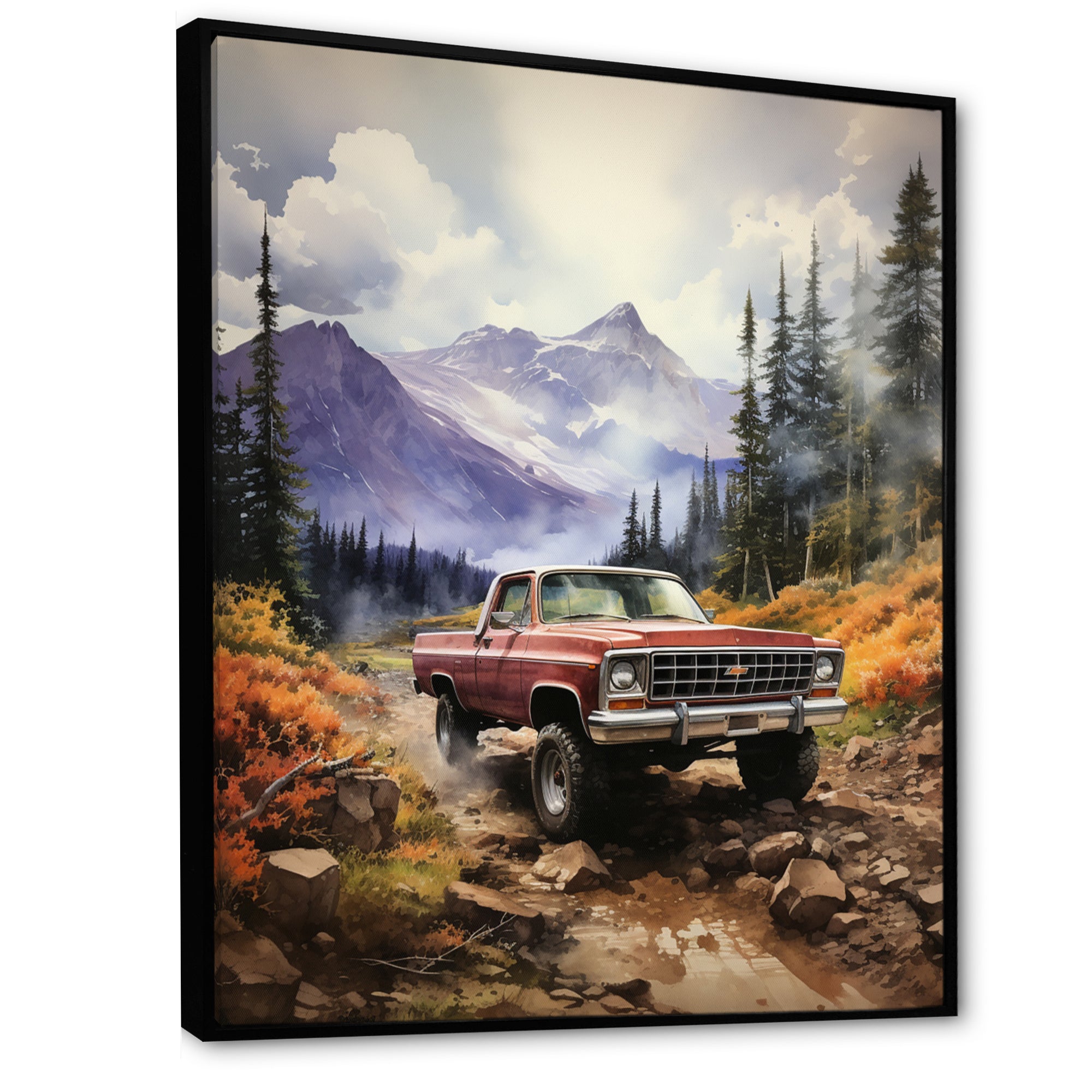 Red Pickup Truck Mountain Majesty - Pickup Truck Canvas Wall Art