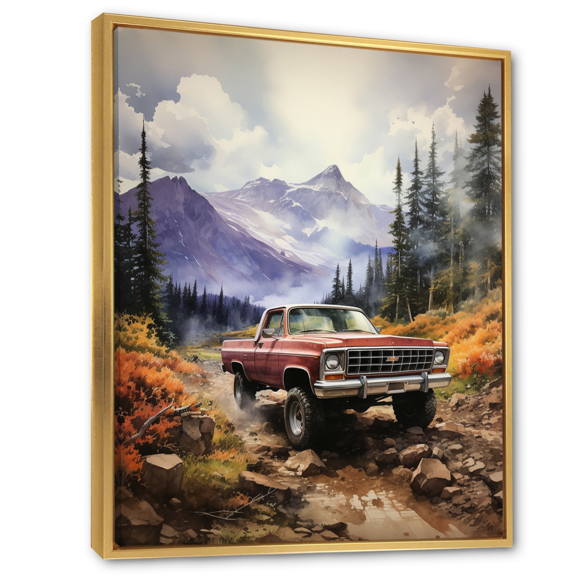 Red Pickup Truck Mountain Majesty - Pickup Truck Canvas Wall Art