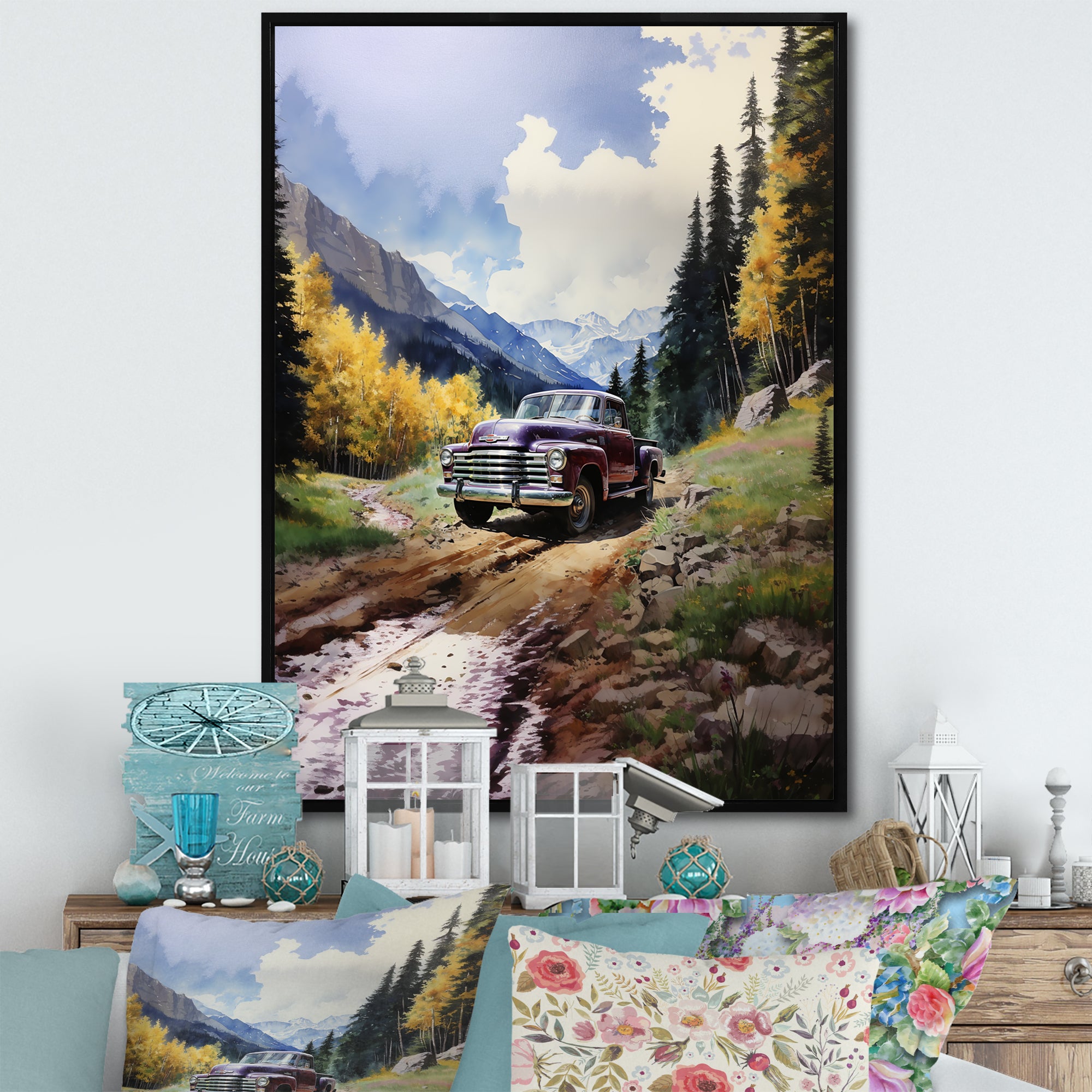 Green Pickup Truck Mountain Majesty - Pickup Truck Canvas Wall Art
