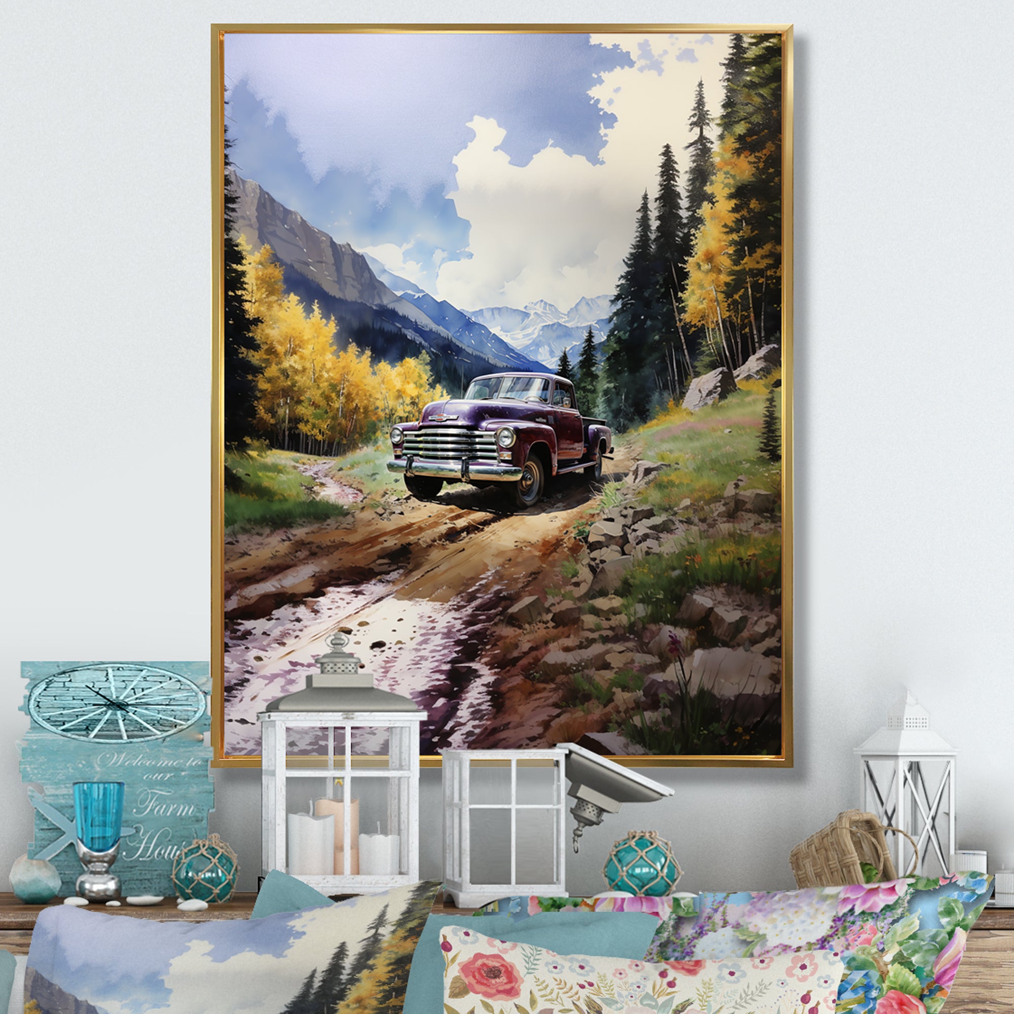 Green Pickup Truck Mountain Majesty - Pickup Truck Canvas Wall Art