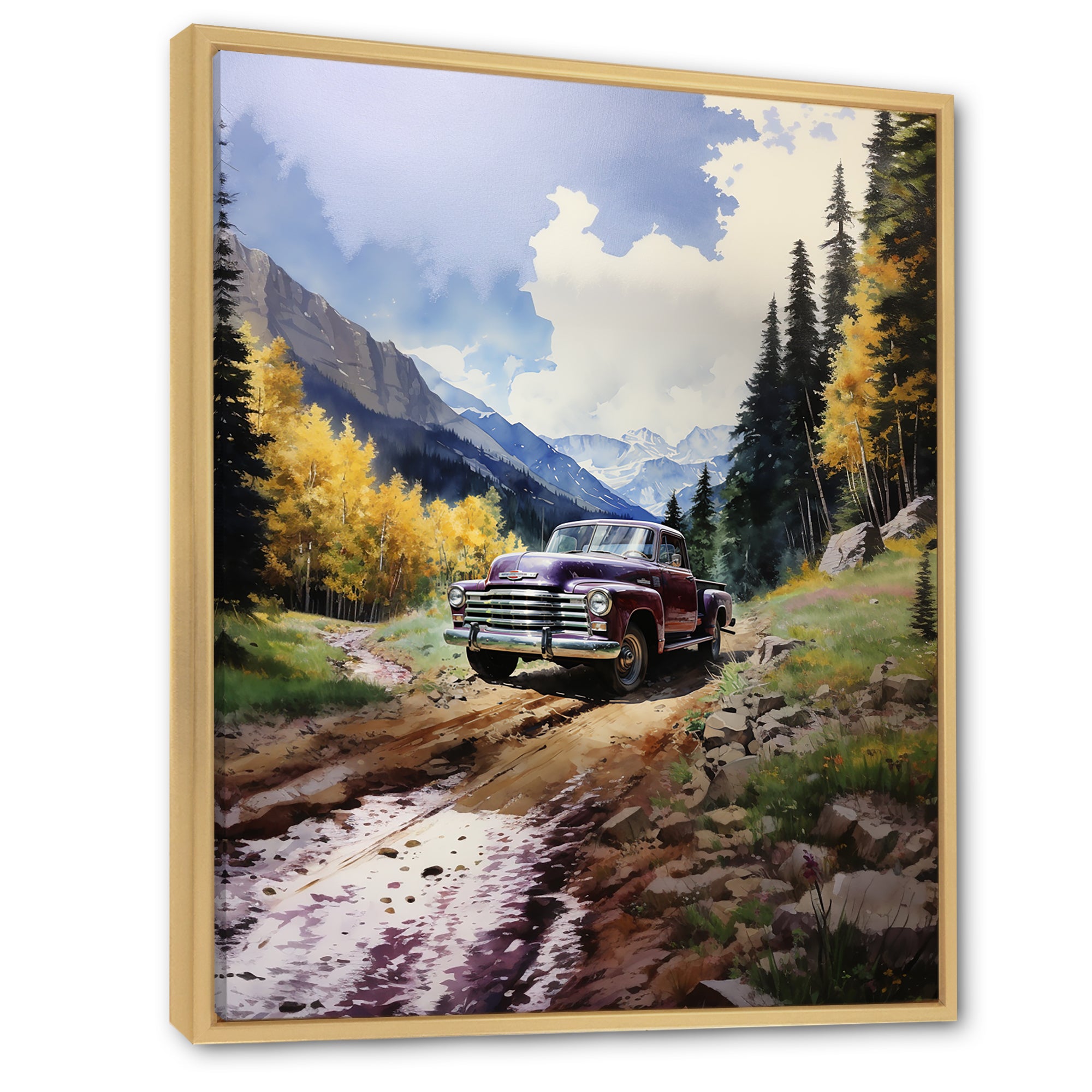 Green Pickup Truck Mountain Majesty - Pickup Truck Canvas Wall Art