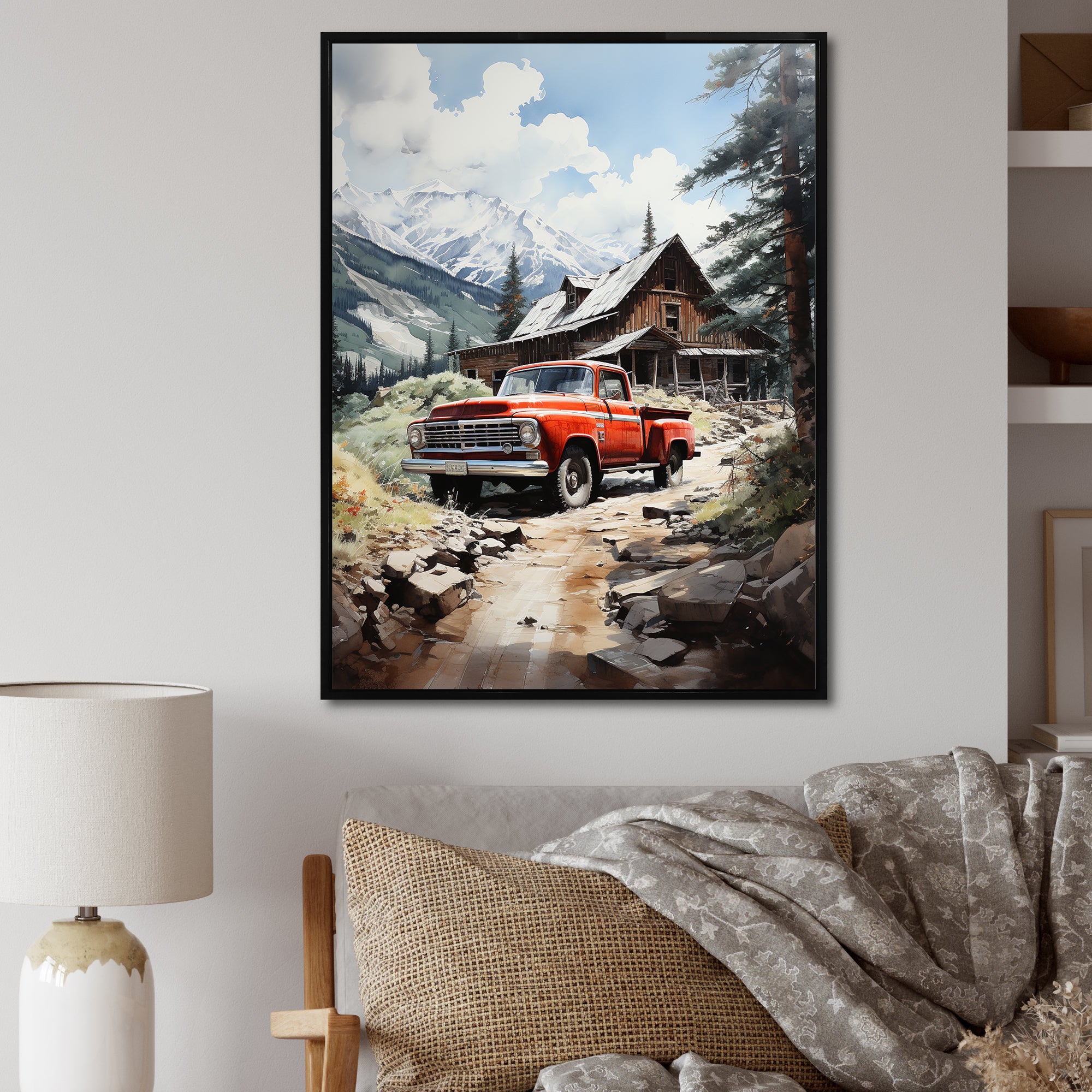 Red Pickup Truck Mountain Retreat - Pickup Truck Canvas Wall Art