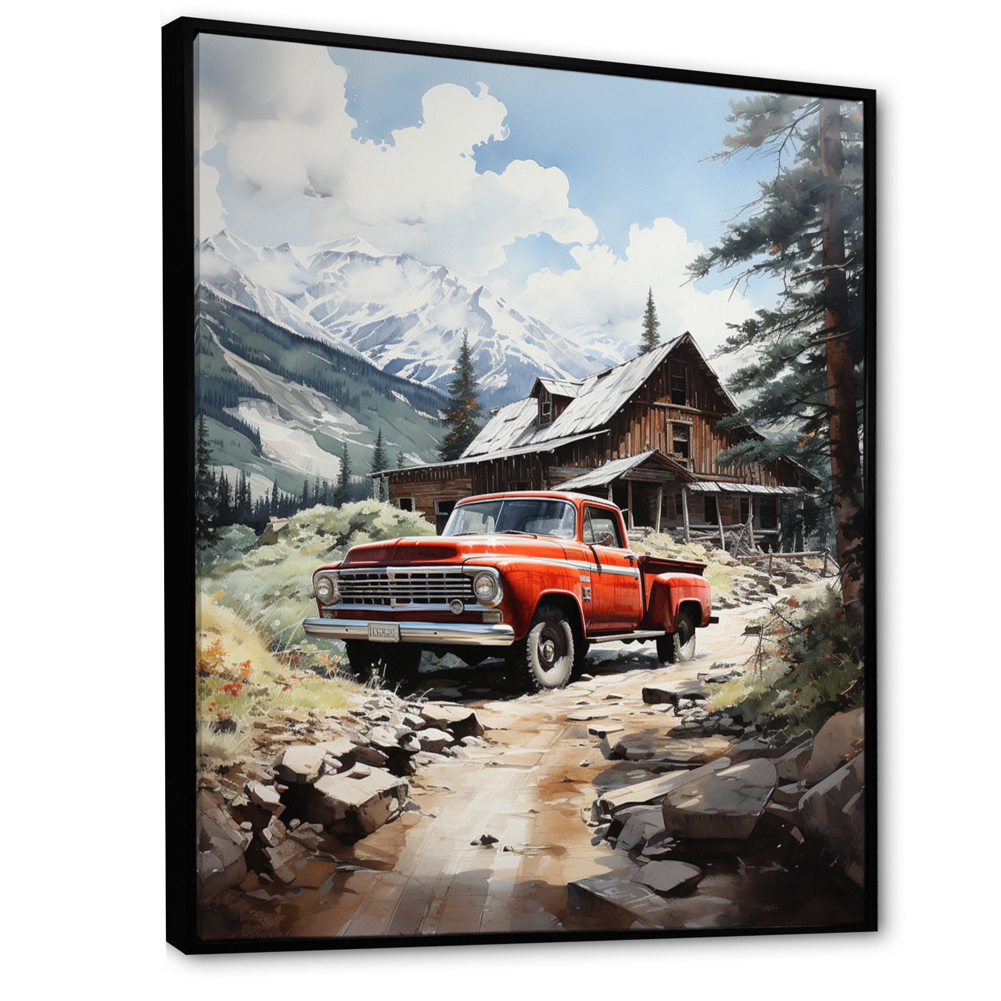 Red Pickup Truck Mountain Retreat - Pickup Truck Canvas Wall Art
