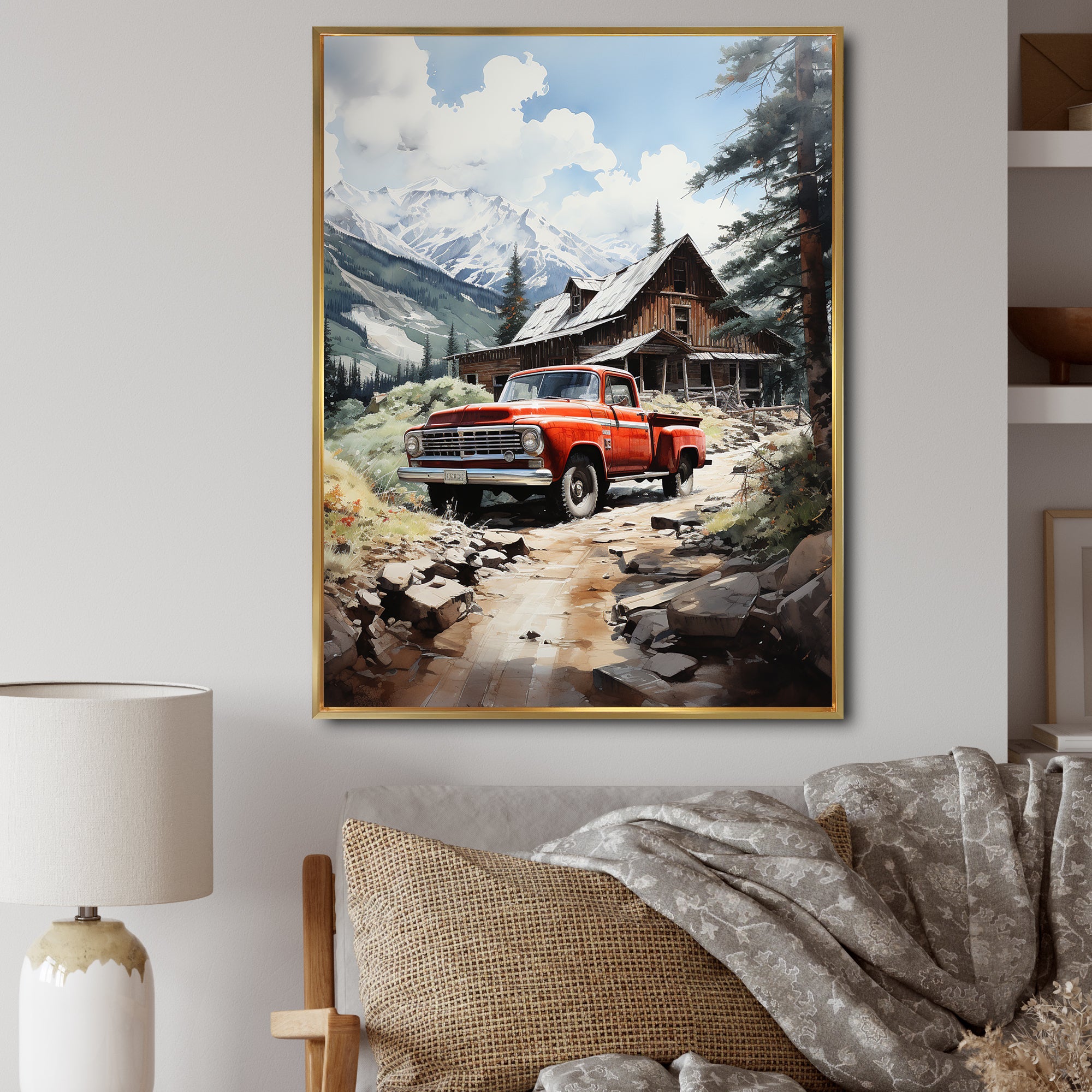 Red Pickup Truck Mountain Retreat - Pickup Truck Canvas Wall Art