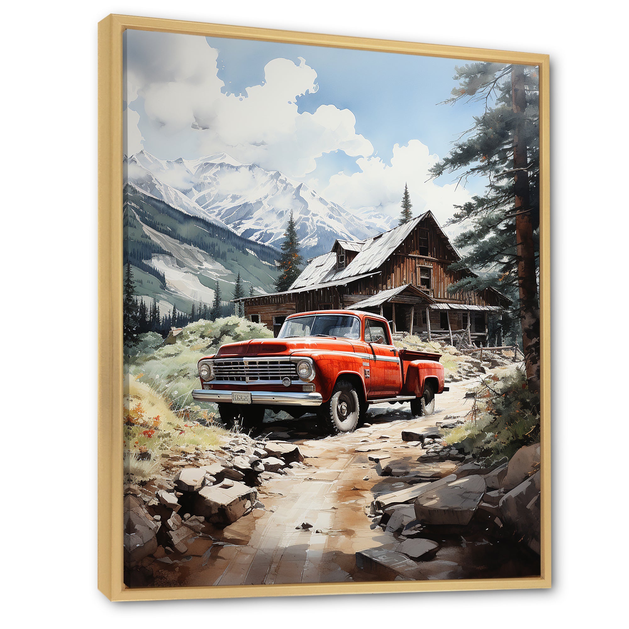 Red Pickup Truck Mountain Retreat - Pickup Truck Canvas Wall Art