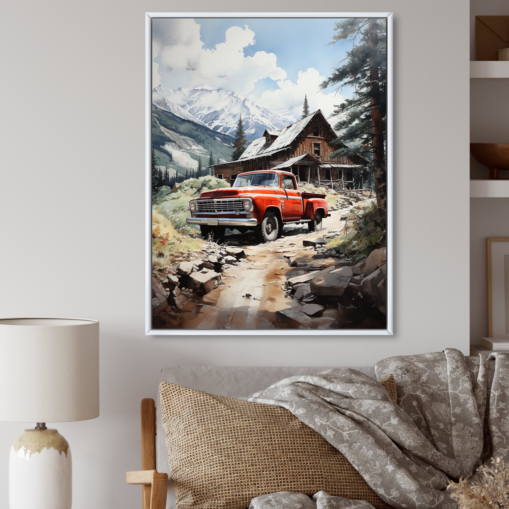 Red Pickup Truck Mountain Retreat - Pickup Truck Canvas Wall Art