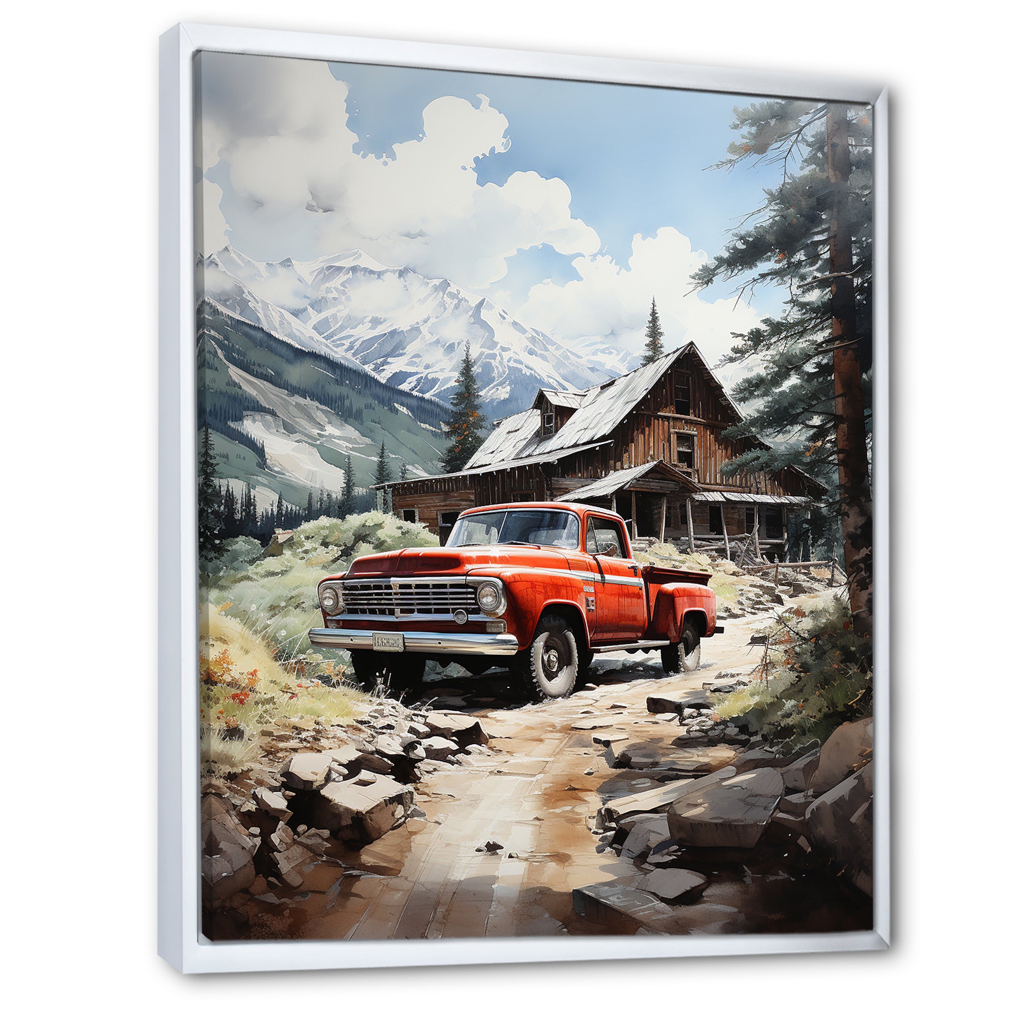 Red Pickup Truck Mountain Retreat - Pickup Truck Canvas Wall Art