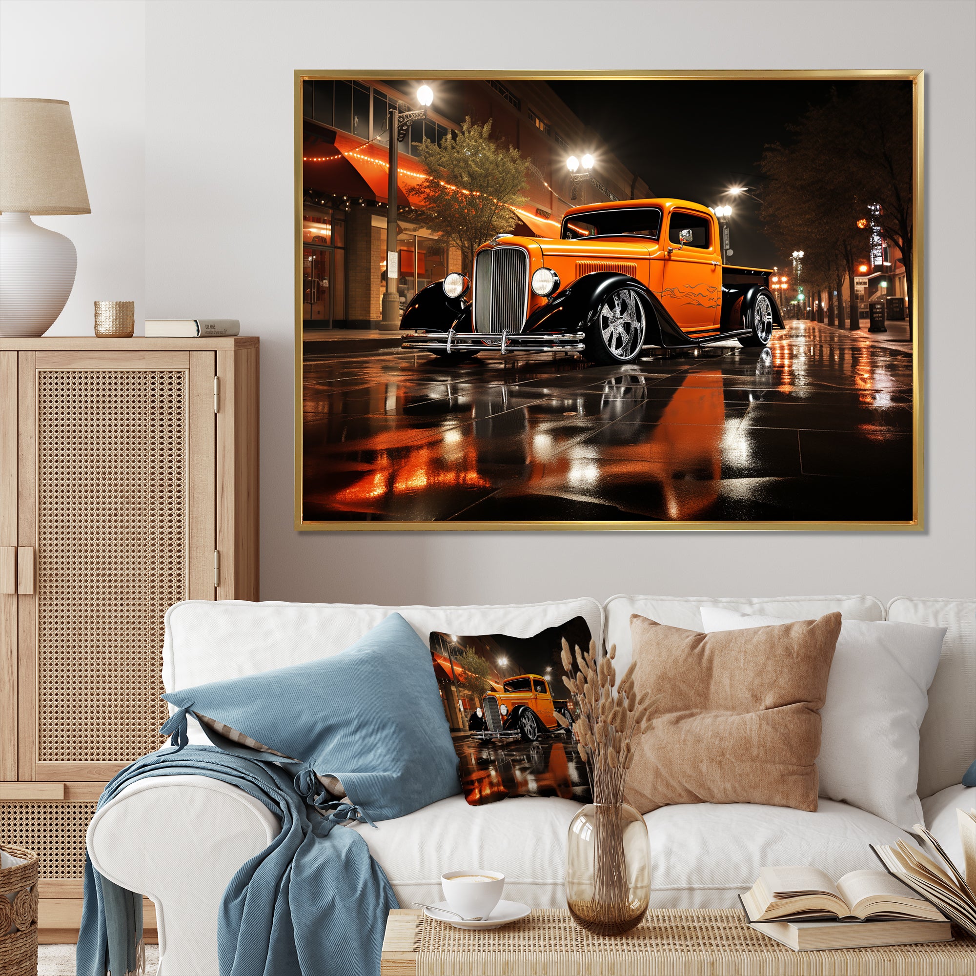 Orange Pickup Truck Night Drifters - Pickup Truck Canvas Wall Art