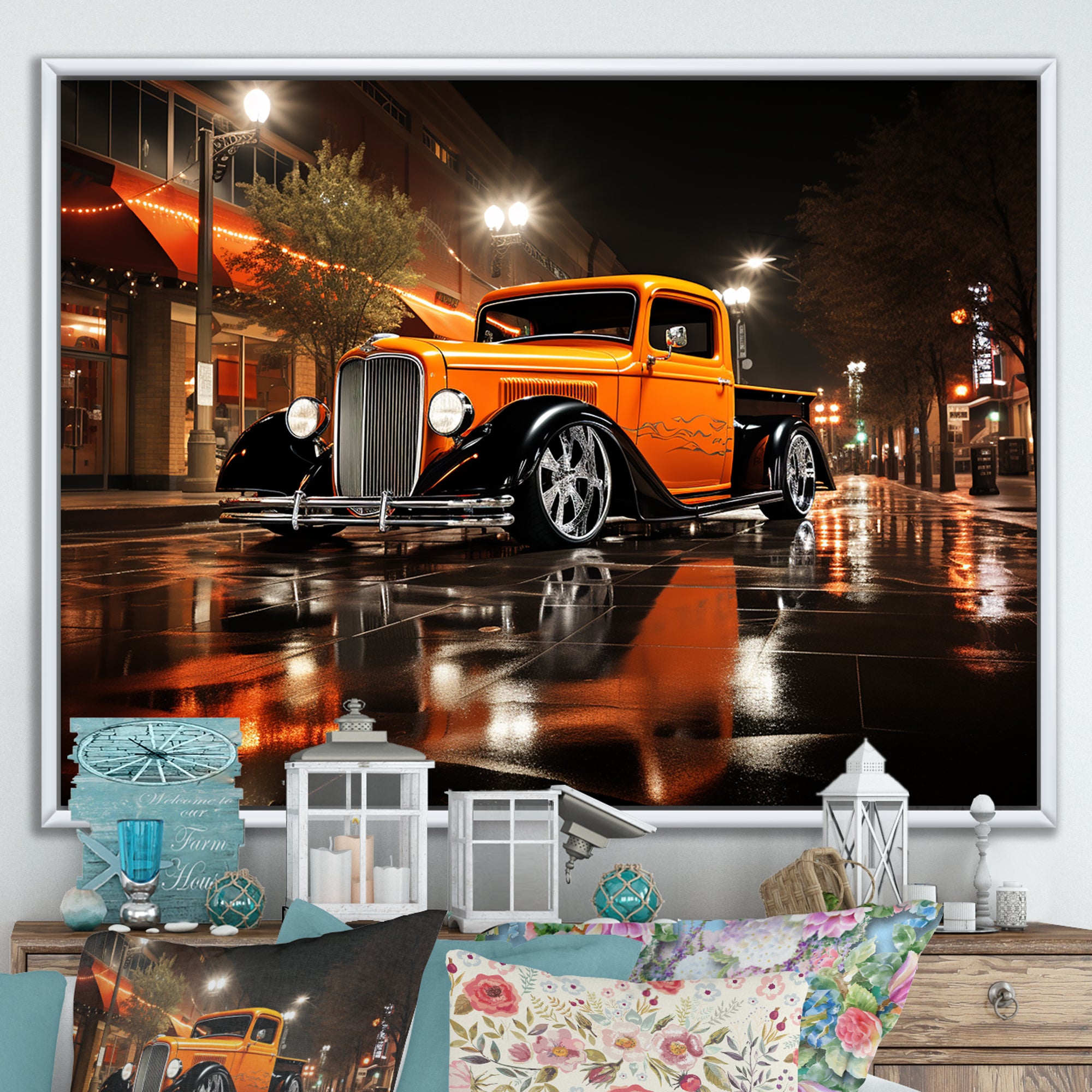 Orange Pickup Truck Night Drifters - Pickup Truck Canvas Wall Art