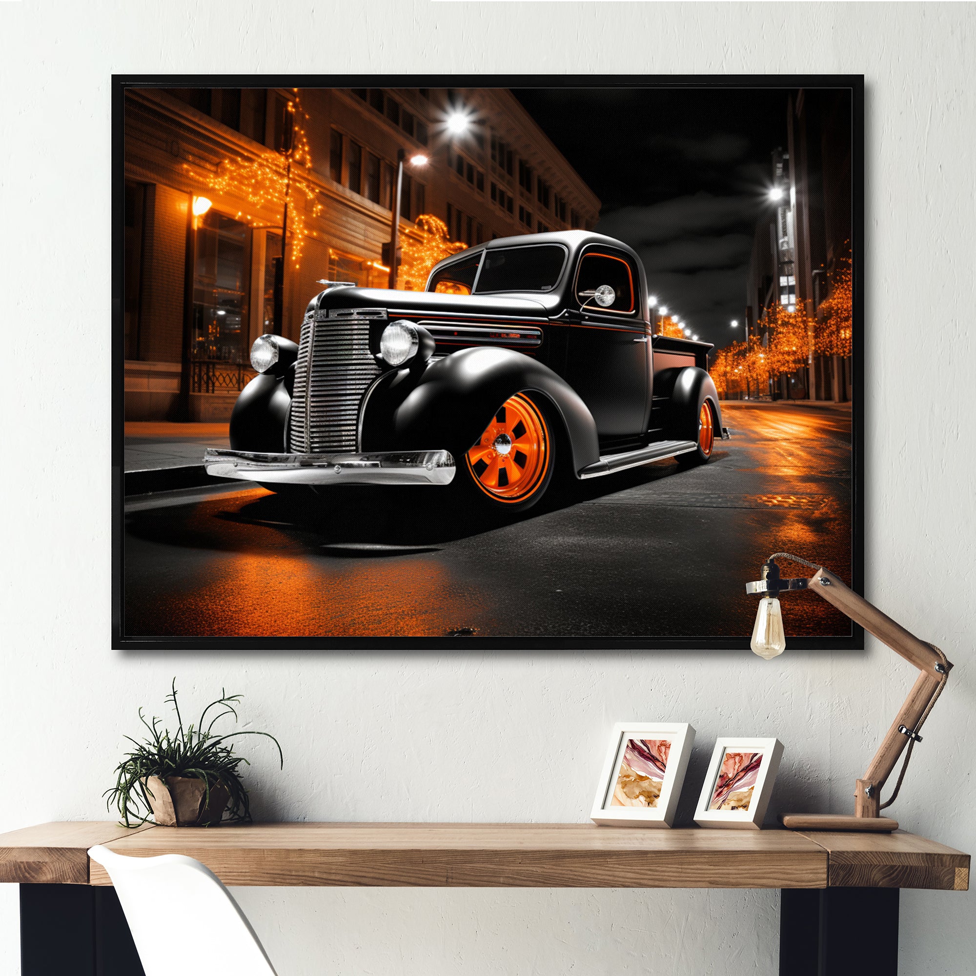 Black Orange Pickup Truck Night Drifters - Pickup Truck Canvas Wall Art