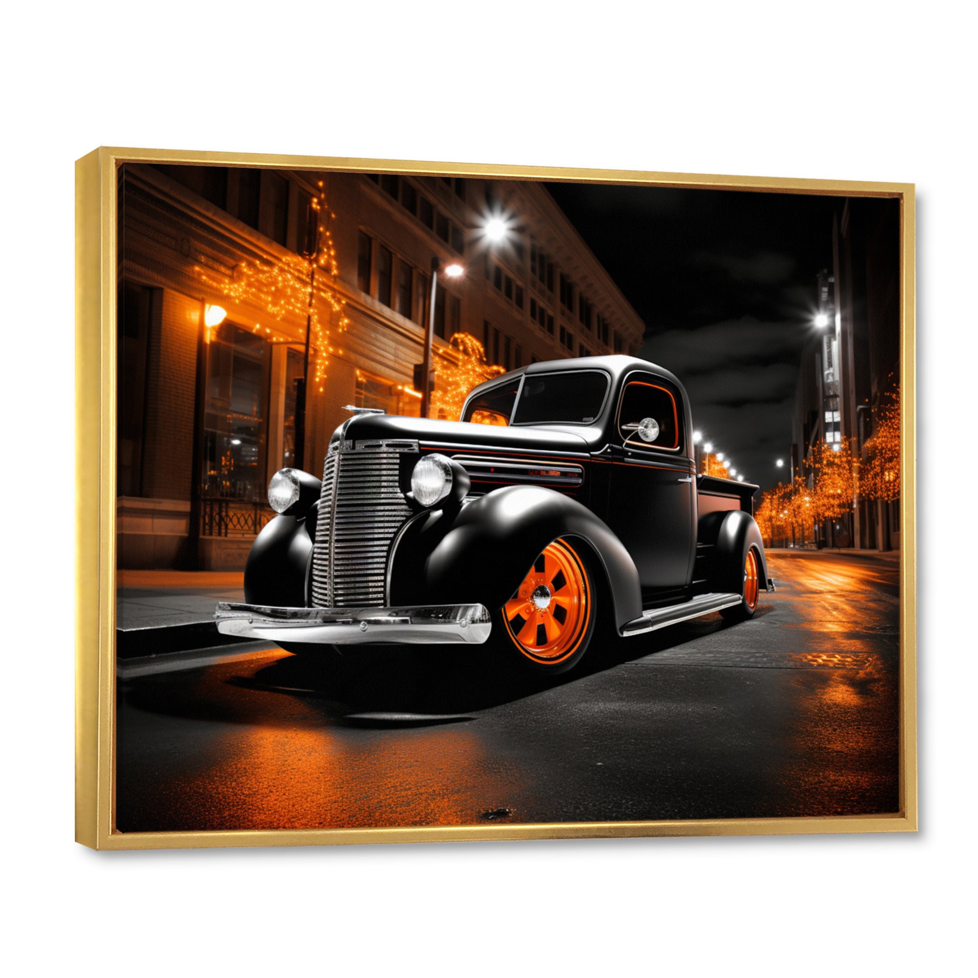 Black Orange Pickup Truck Night Drifters - Pickup Truck Canvas Wall Art