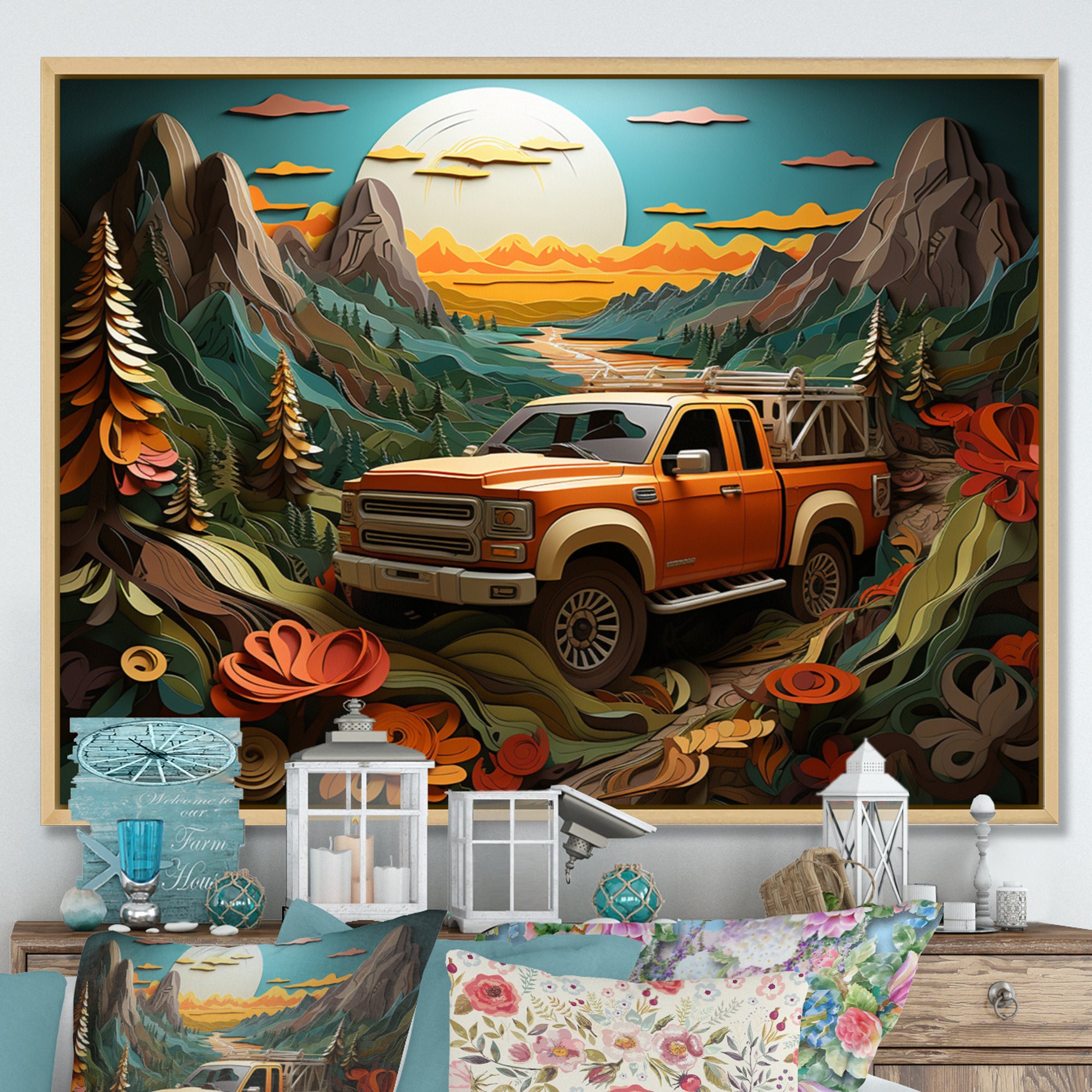 Orange Pickup Truck Offroad Adventures - Pickup Truck Canvas Wall Art